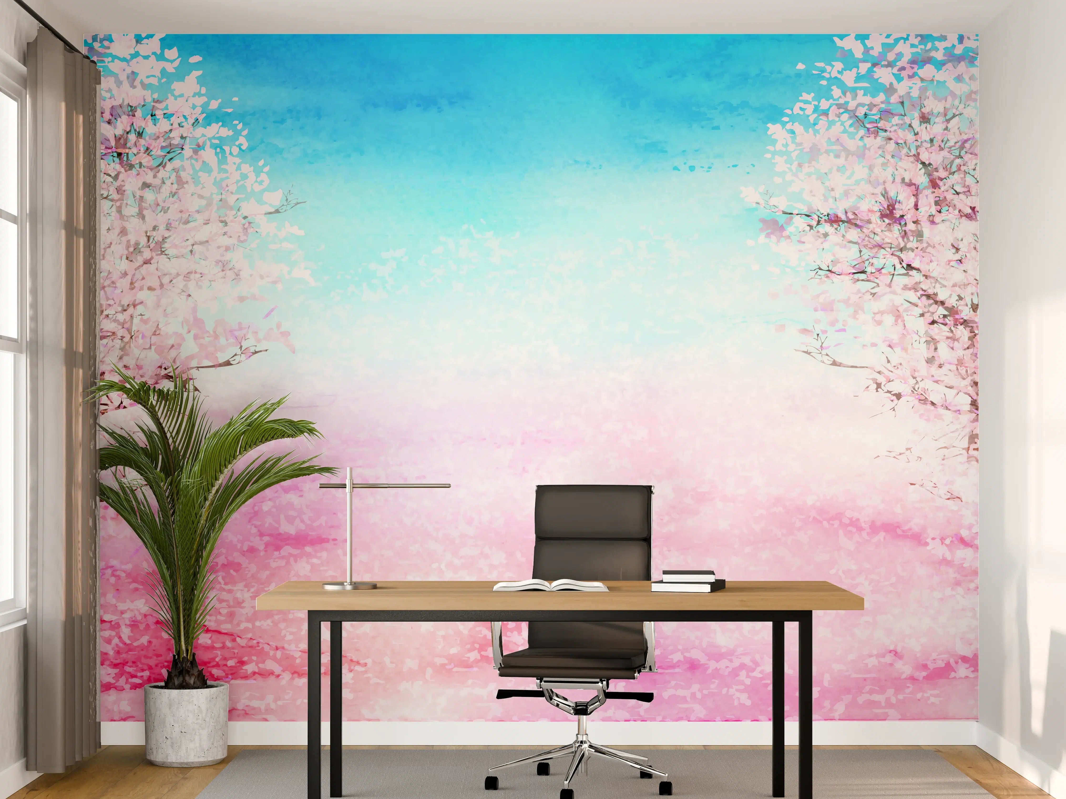 Büro Wandgestaltung - Aquarell Frühlingsbaum Rosa