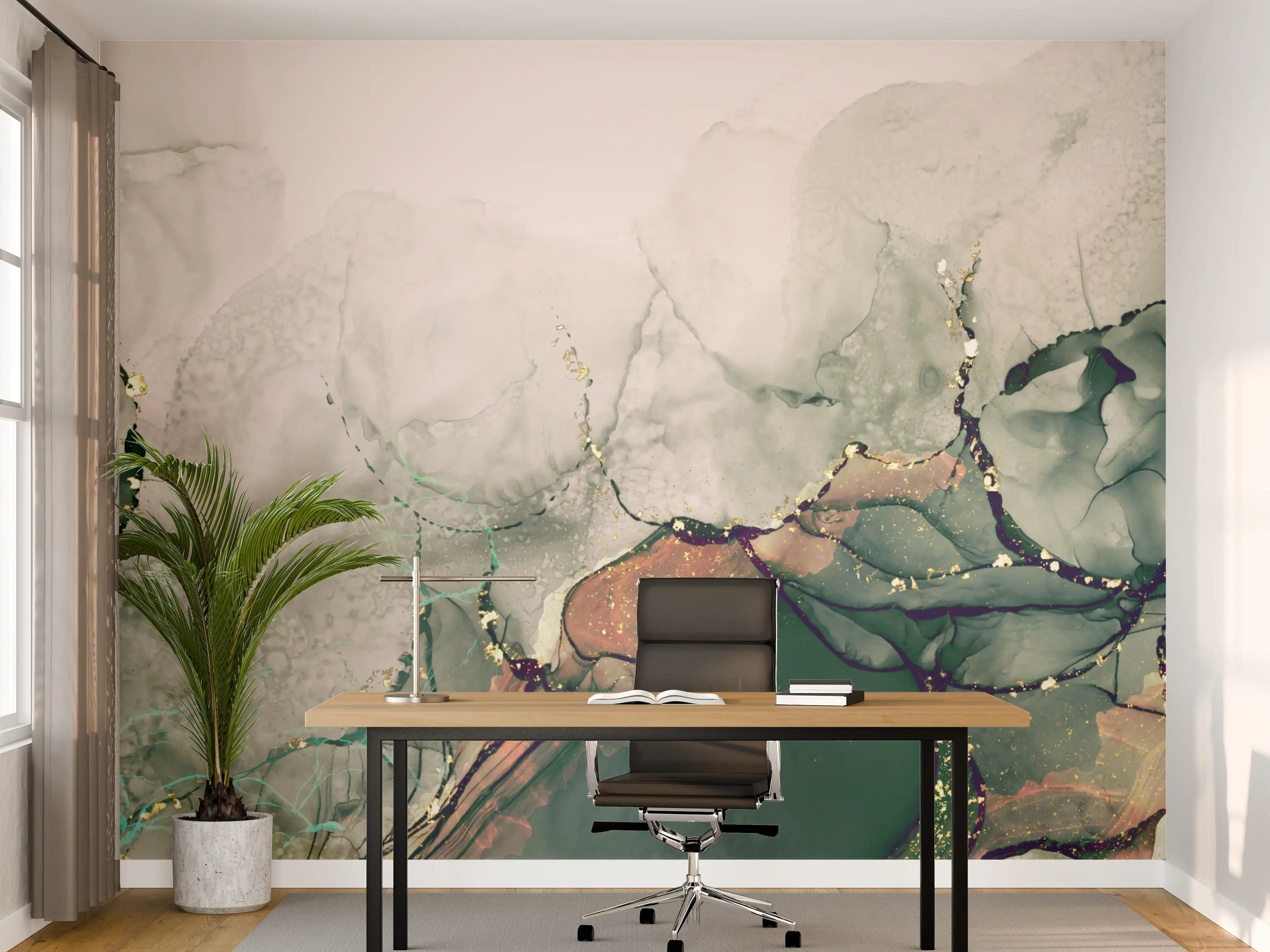 Büro Wandgestaltung - Aquarellartige Grün- und Brauntöne mit Wasser-Effekt