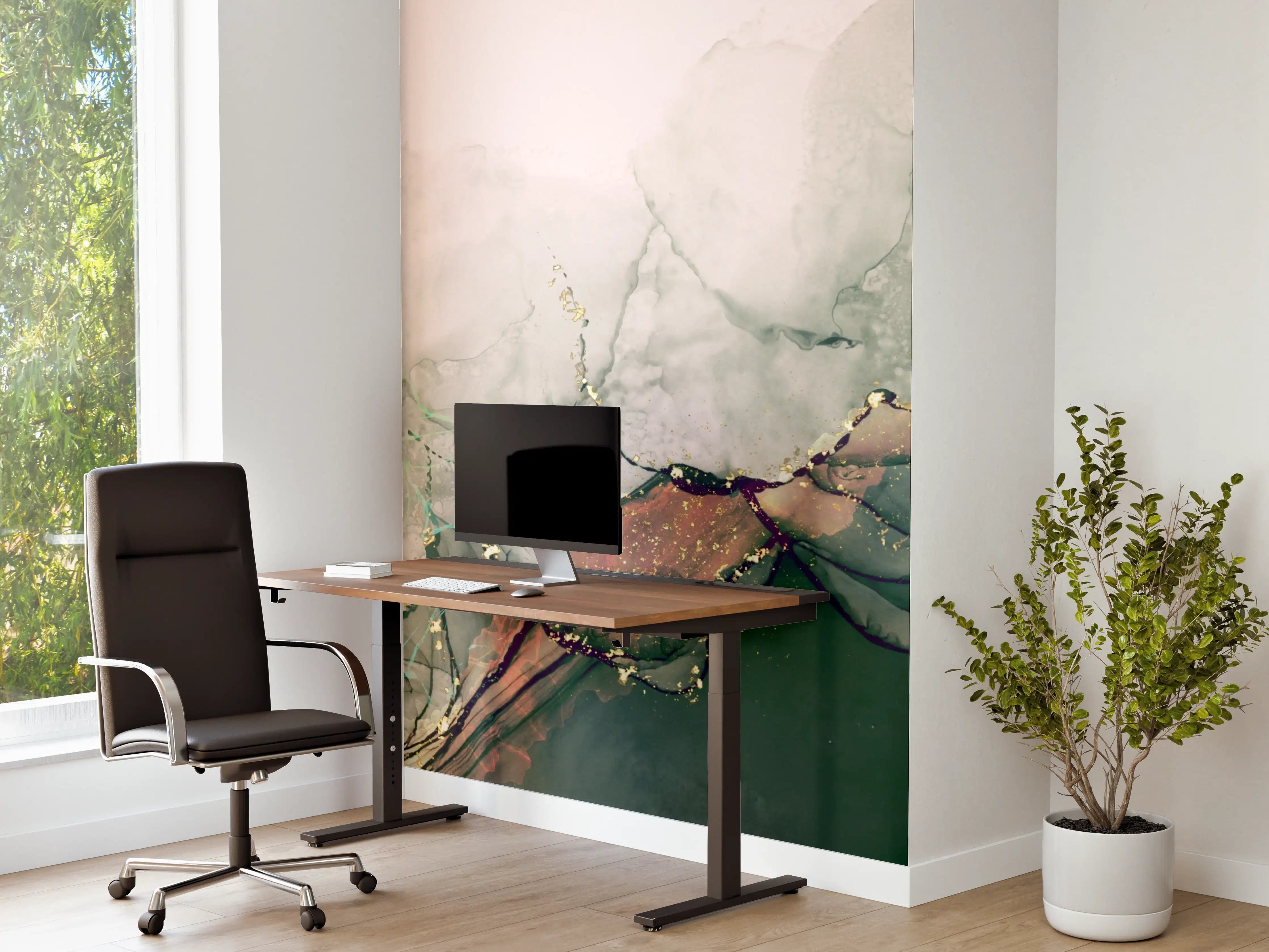 Büro Wandgestaltung - Aquarellartige Grün- und Brauntöne mit Wasser-Effekt