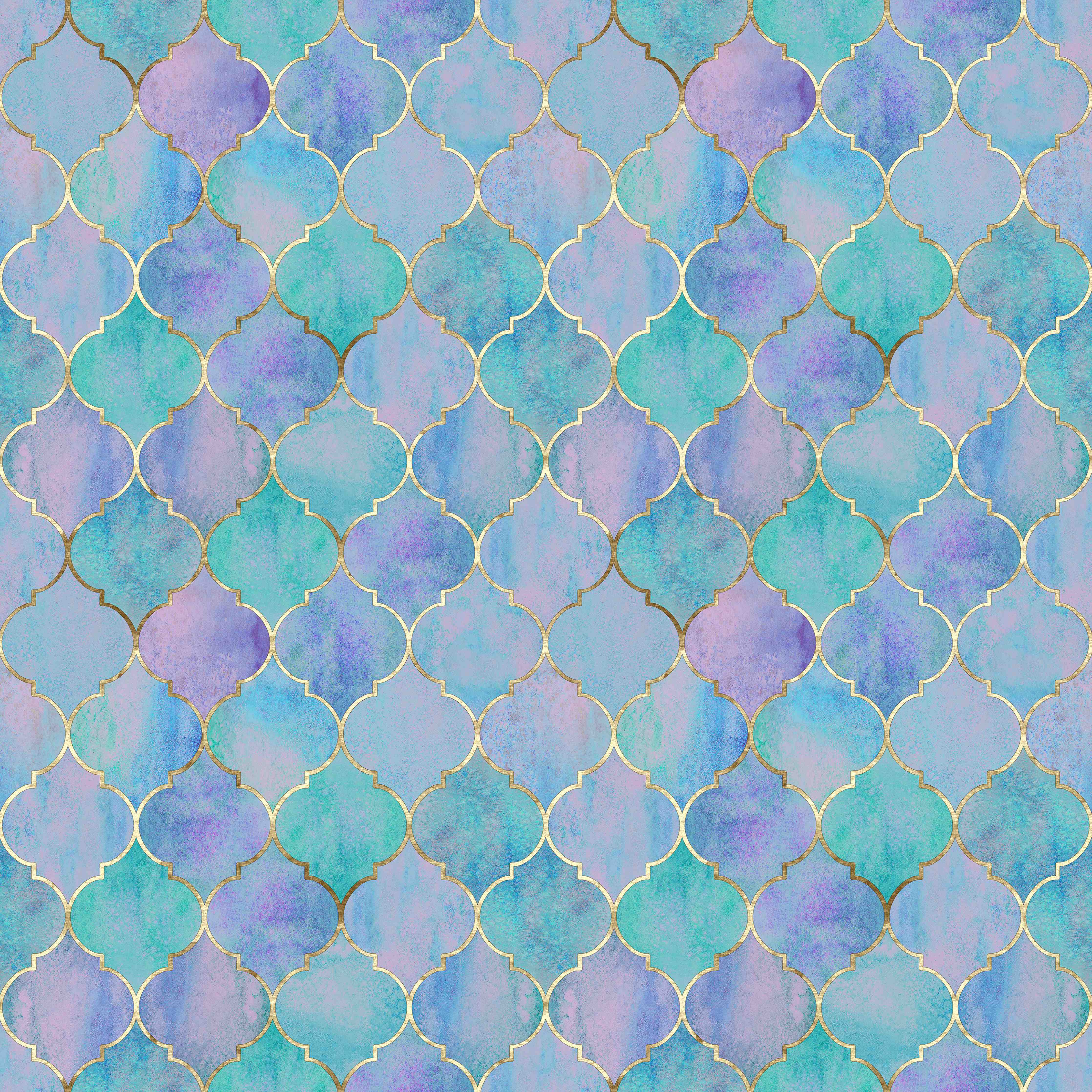 Büro Wandgestaltung-Aquarellartige Wasserfarben in Blau und Lila mit Goldakzenten