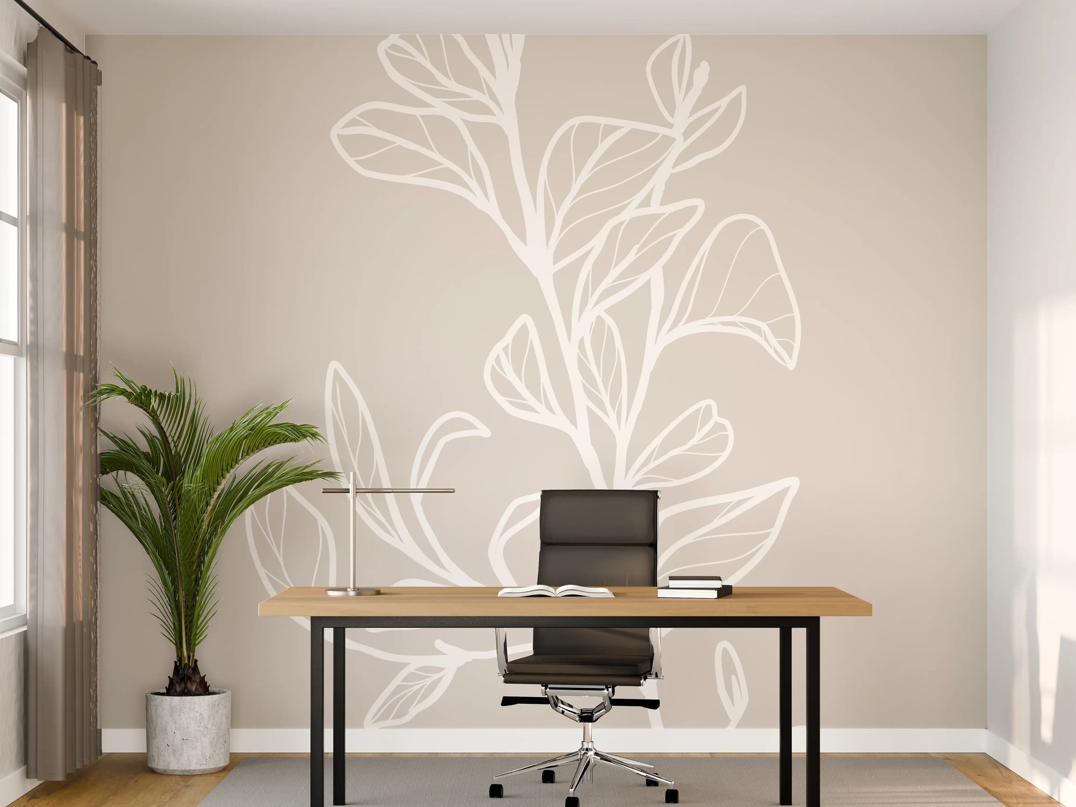 Büro Wandgestaltung - Beige Blattlinien Grafik
