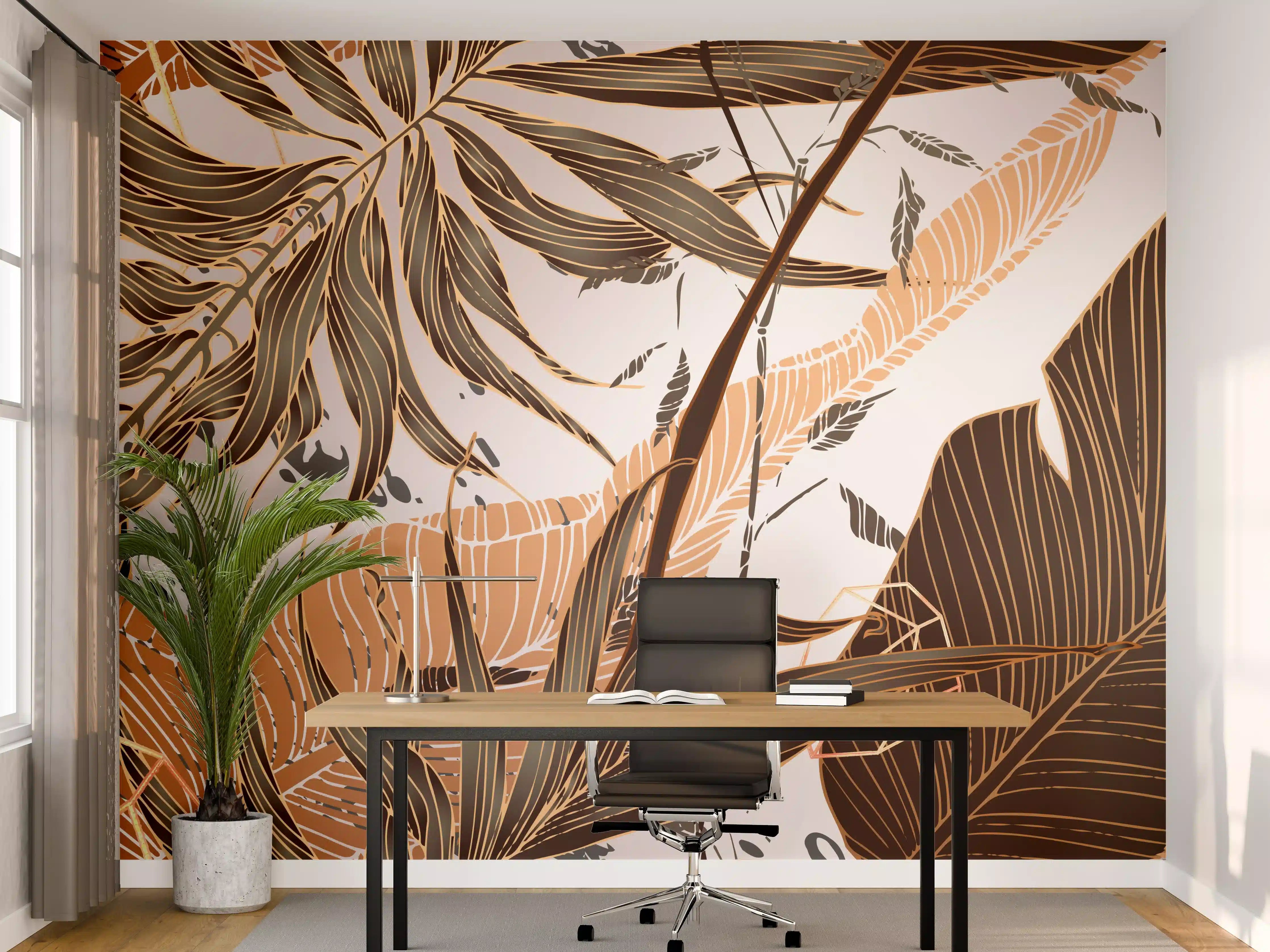 Büro Wandgestaltung - Beige Blattmuster Tapete