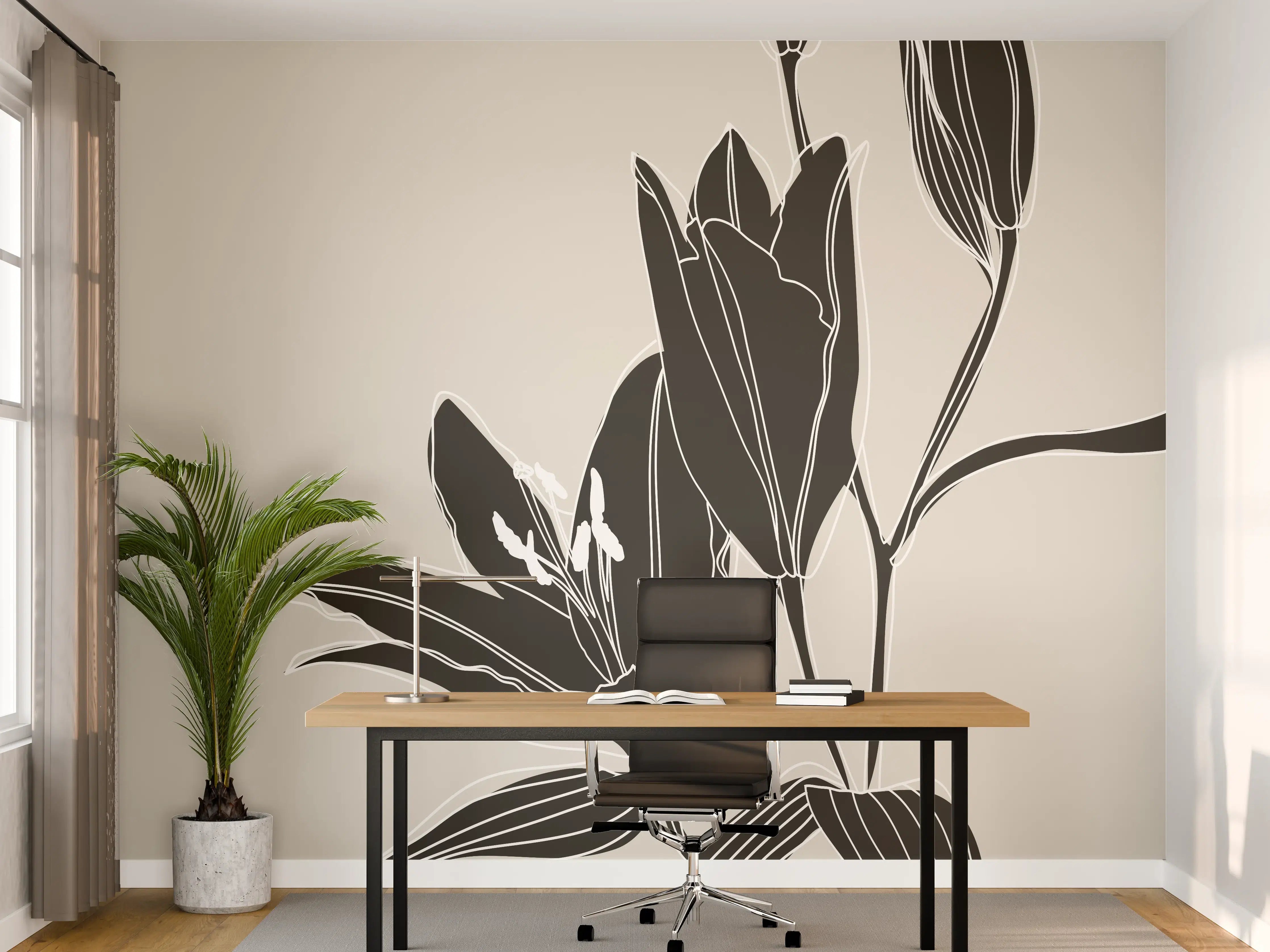 Büro Wandgestaltung - Beige Schwarze Lilien Lineart