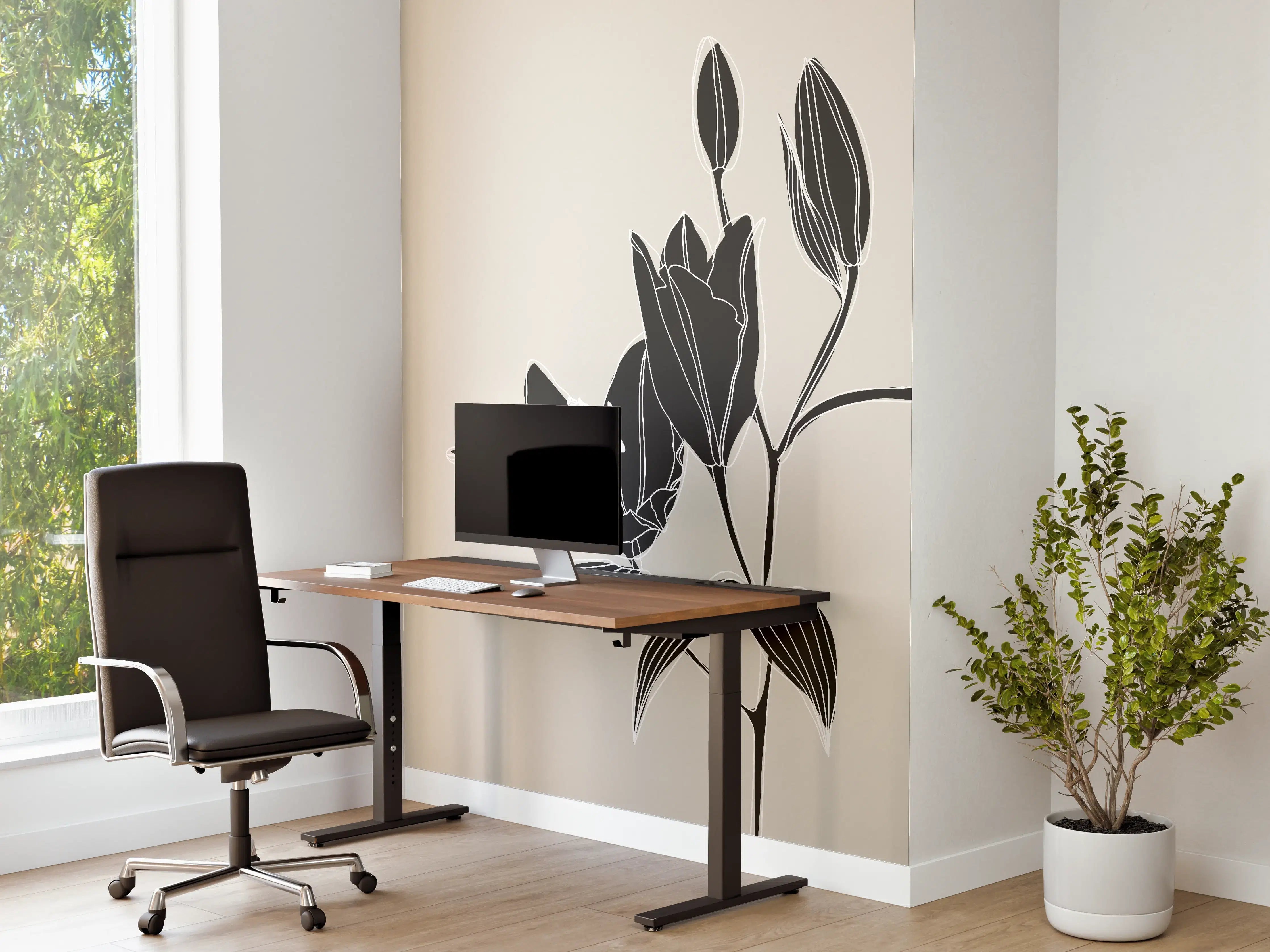 Büro Wandgestaltung - Beige Schwarze Lilien Lineart