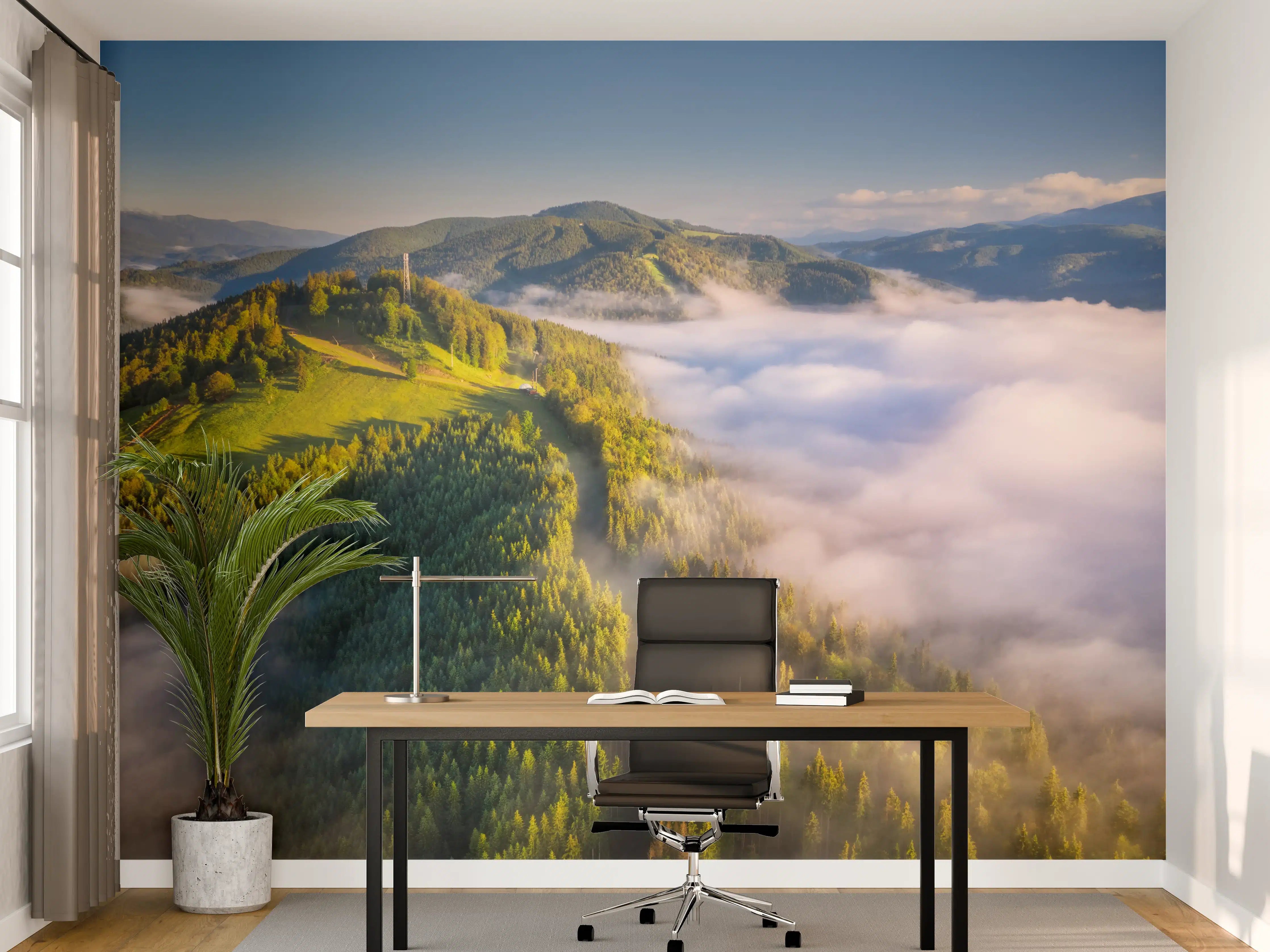 Büro Wandgestaltung - Berge in Wolken bei Sonnenaufgang im Sommer