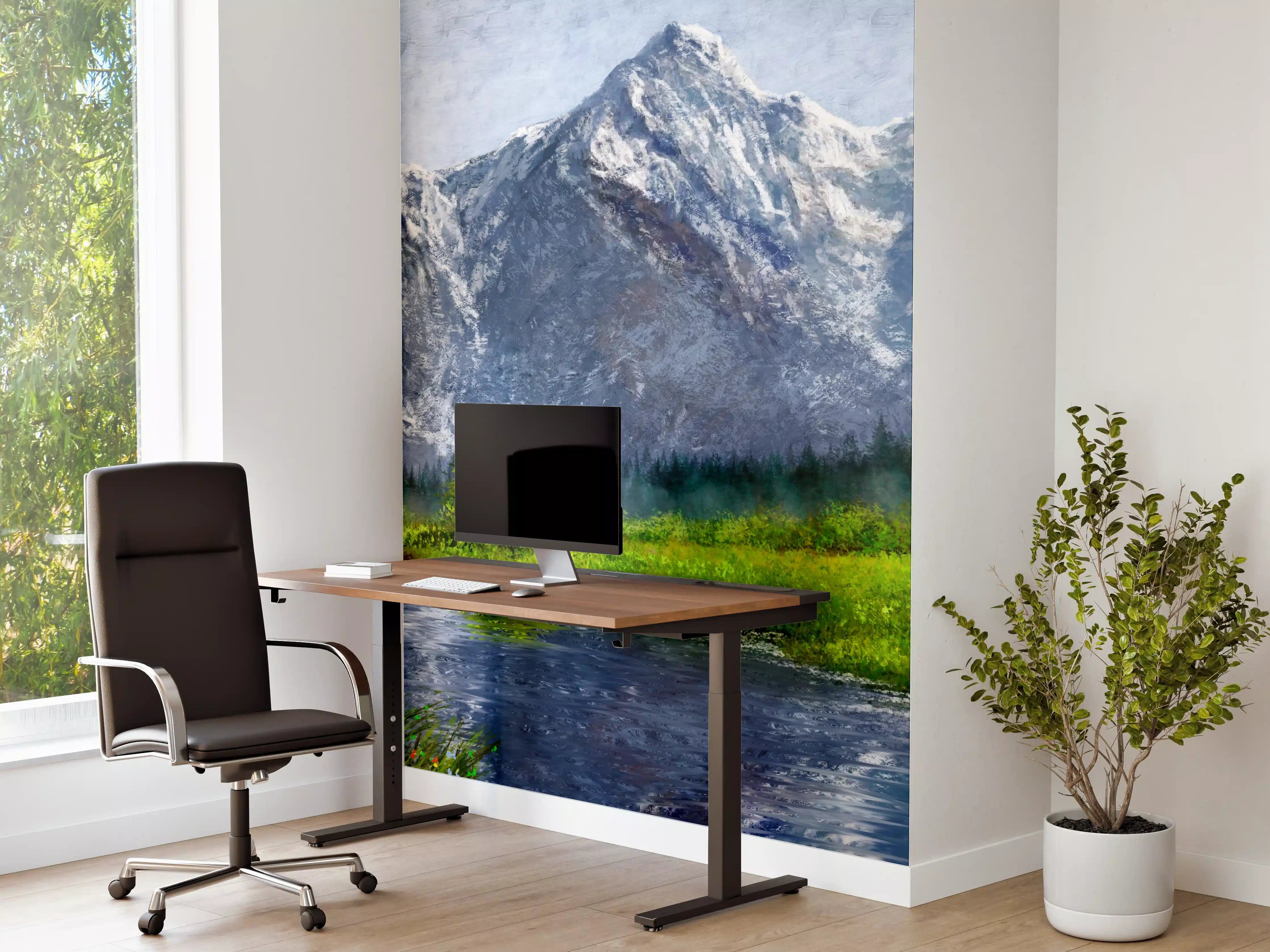 Büro Wandgestaltung - Berglandschaft mit Fluss und grüner Wiese