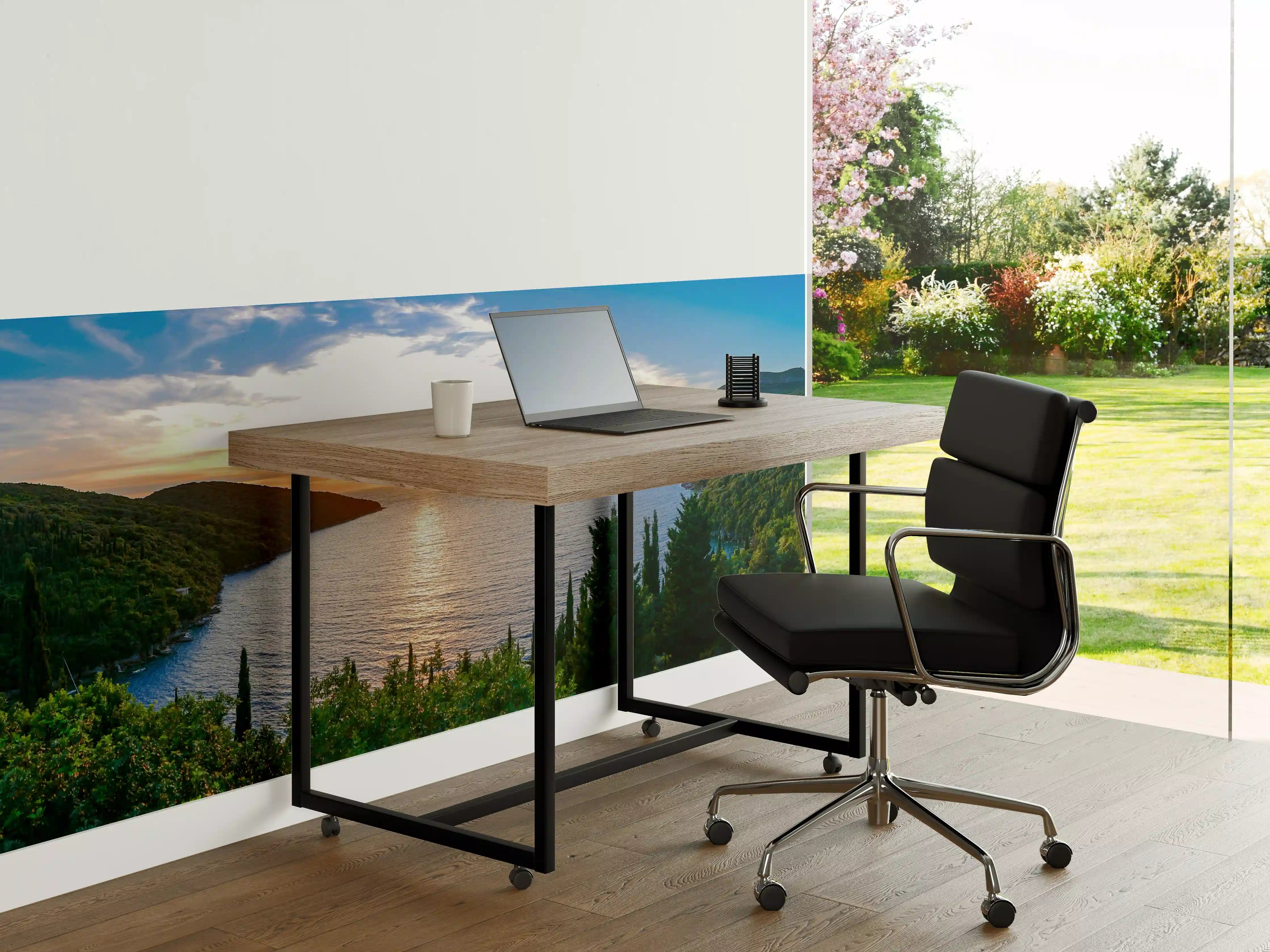 Büro Wandgestaltung - Bergsee bei Sonnenuntergang mit grünem Ufer