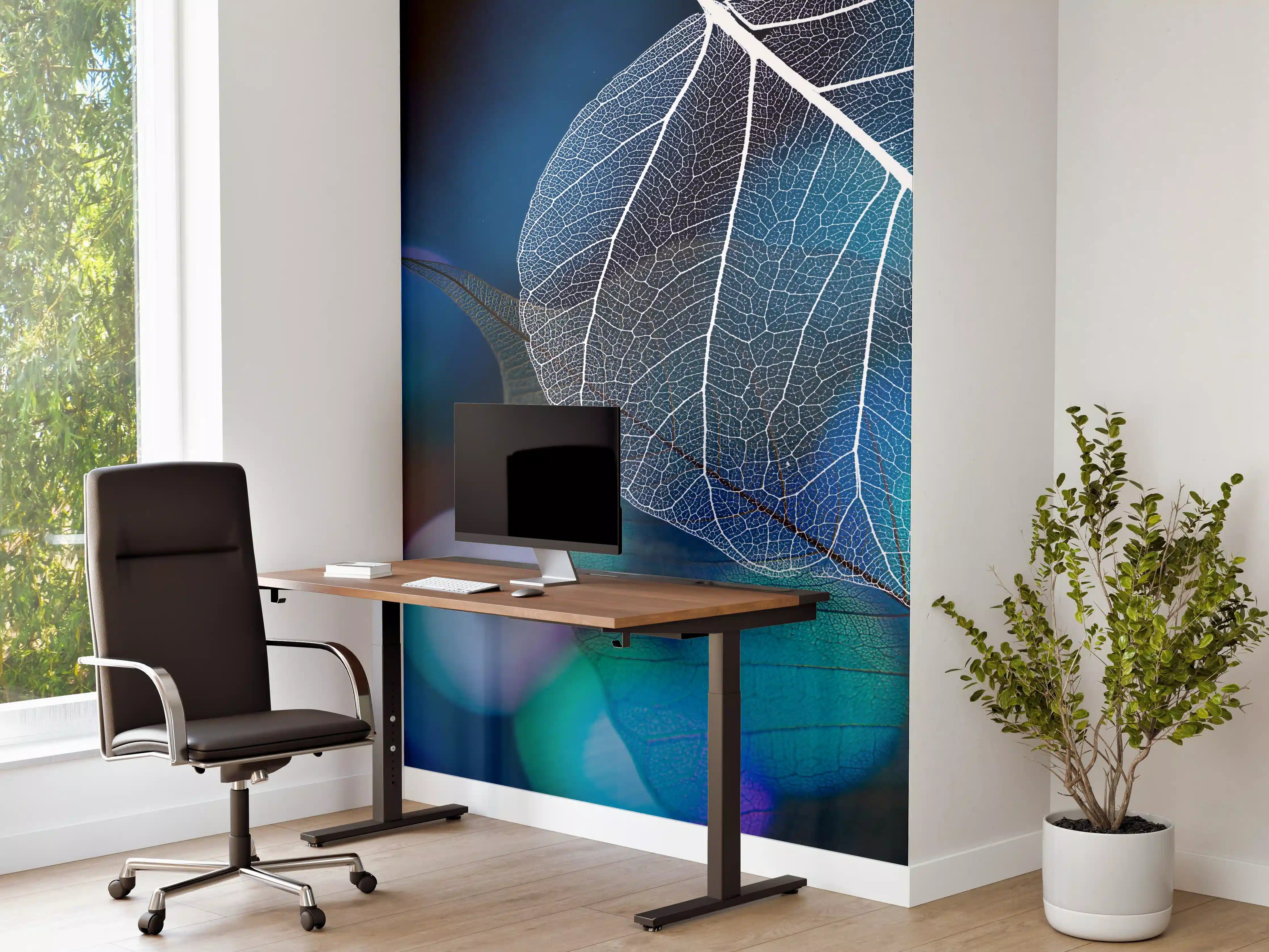 Büro Wandgestaltung - Blattstruktur mit Lichtbokeh Effekt