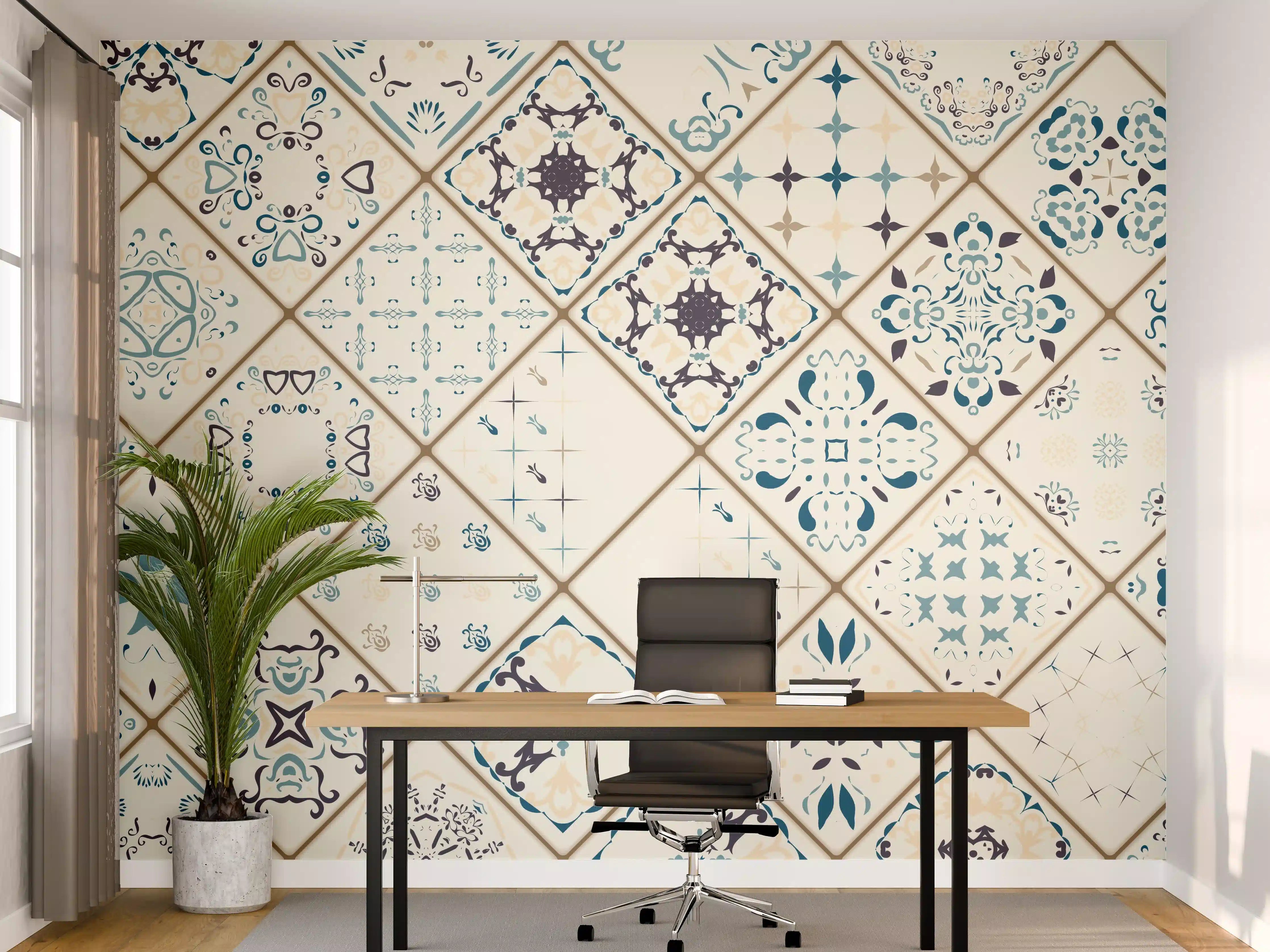 Büro Wandgestaltung - Blau-Beige Retro Fliesendesign