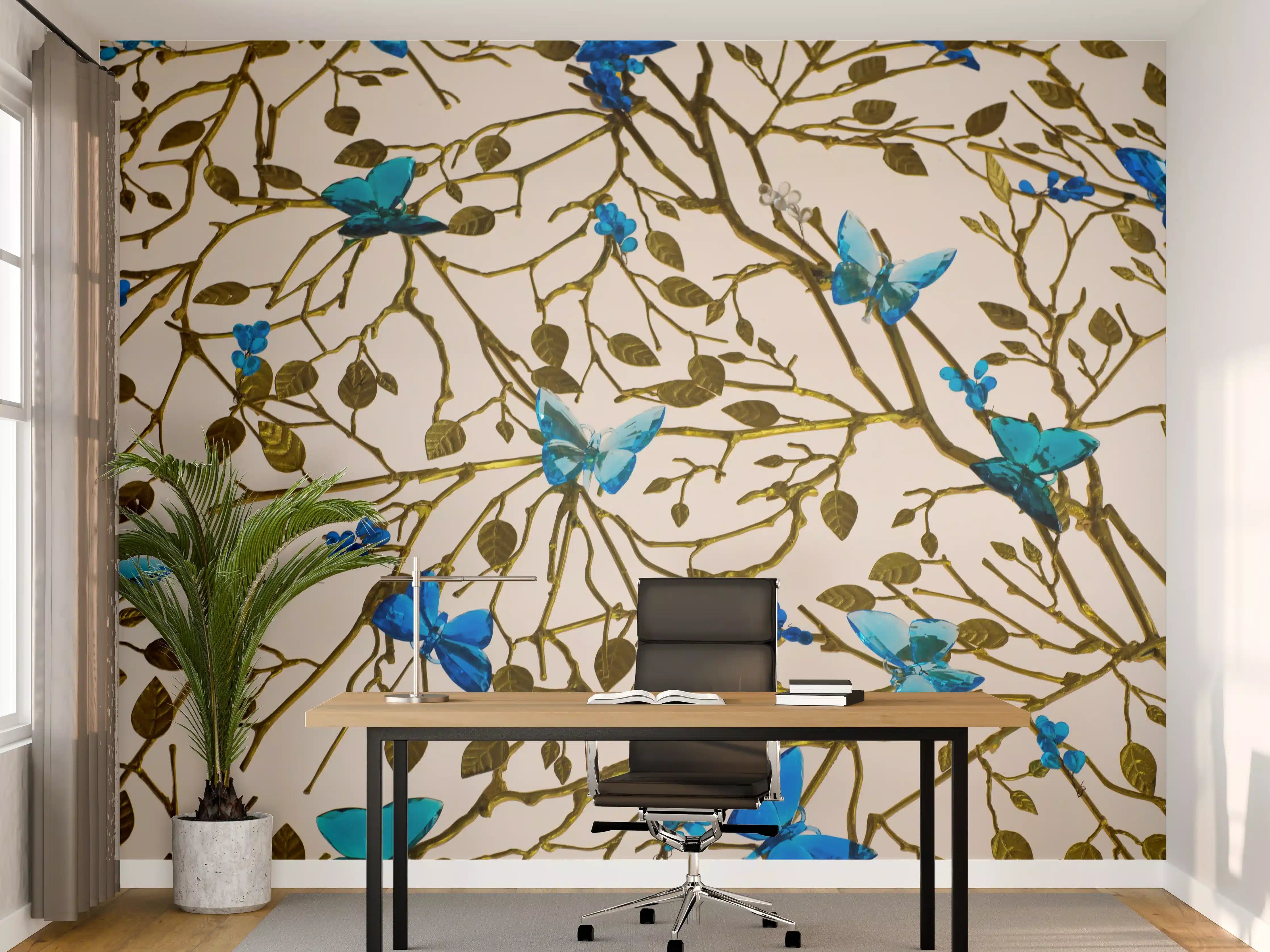 Büro Wandgestaltung - Blau-Goldenes Blumenmuster