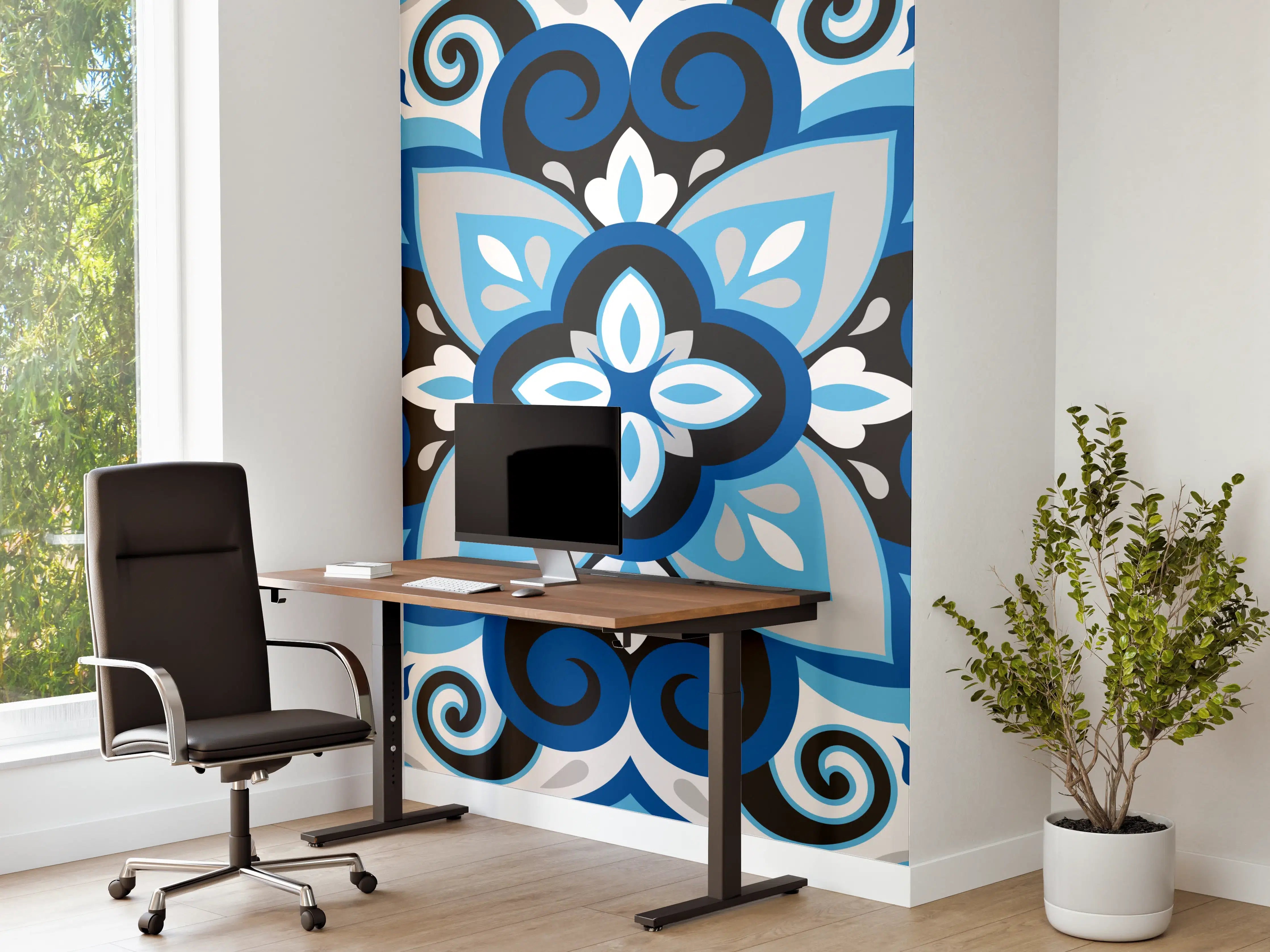 Büro Wandgestaltung - Blau-Weißes Mandala Fliesenmuster