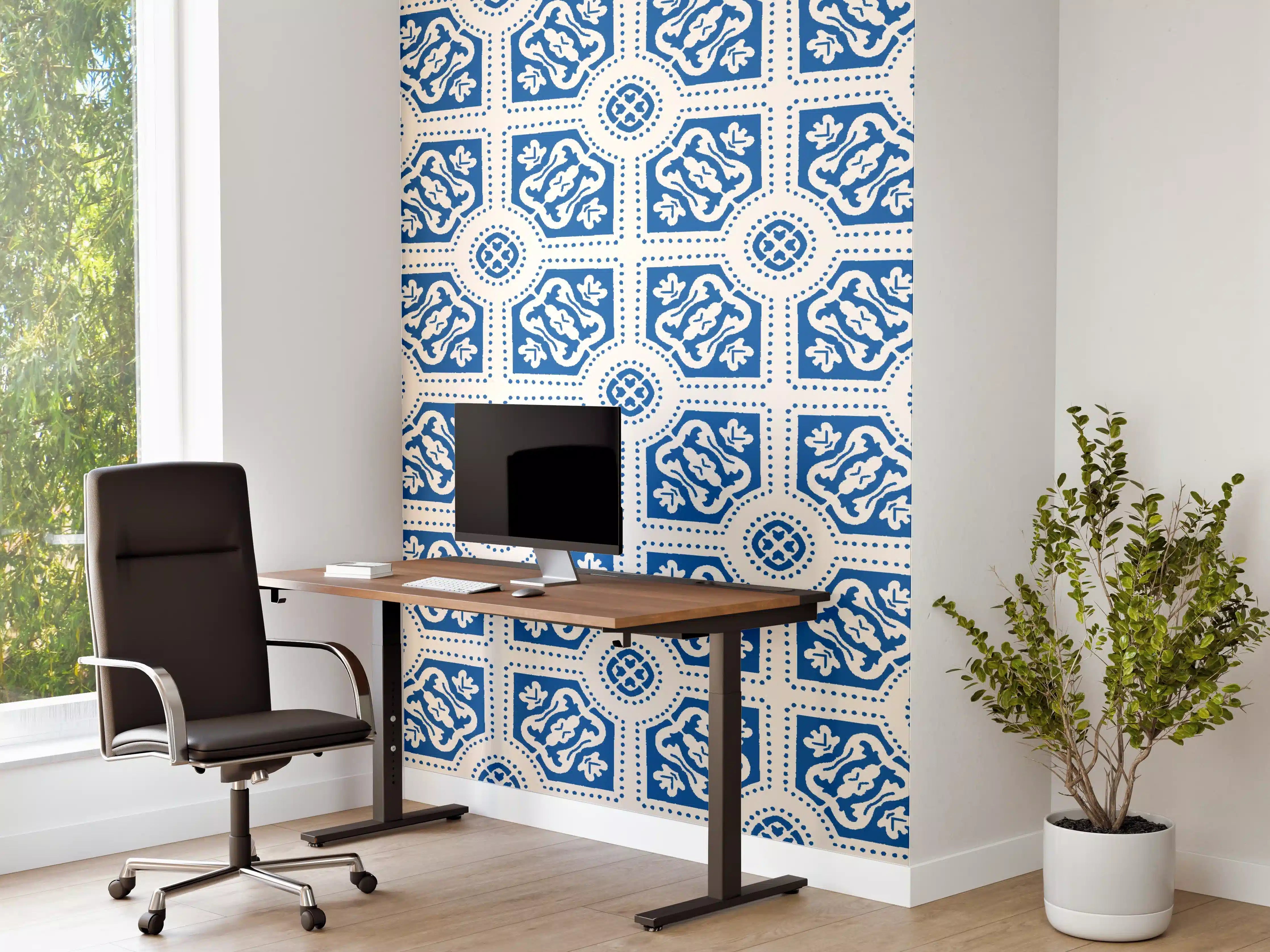 Büro Wandgestaltung - Blau-Weißes geometrisches Muster mit zarten Grautönen