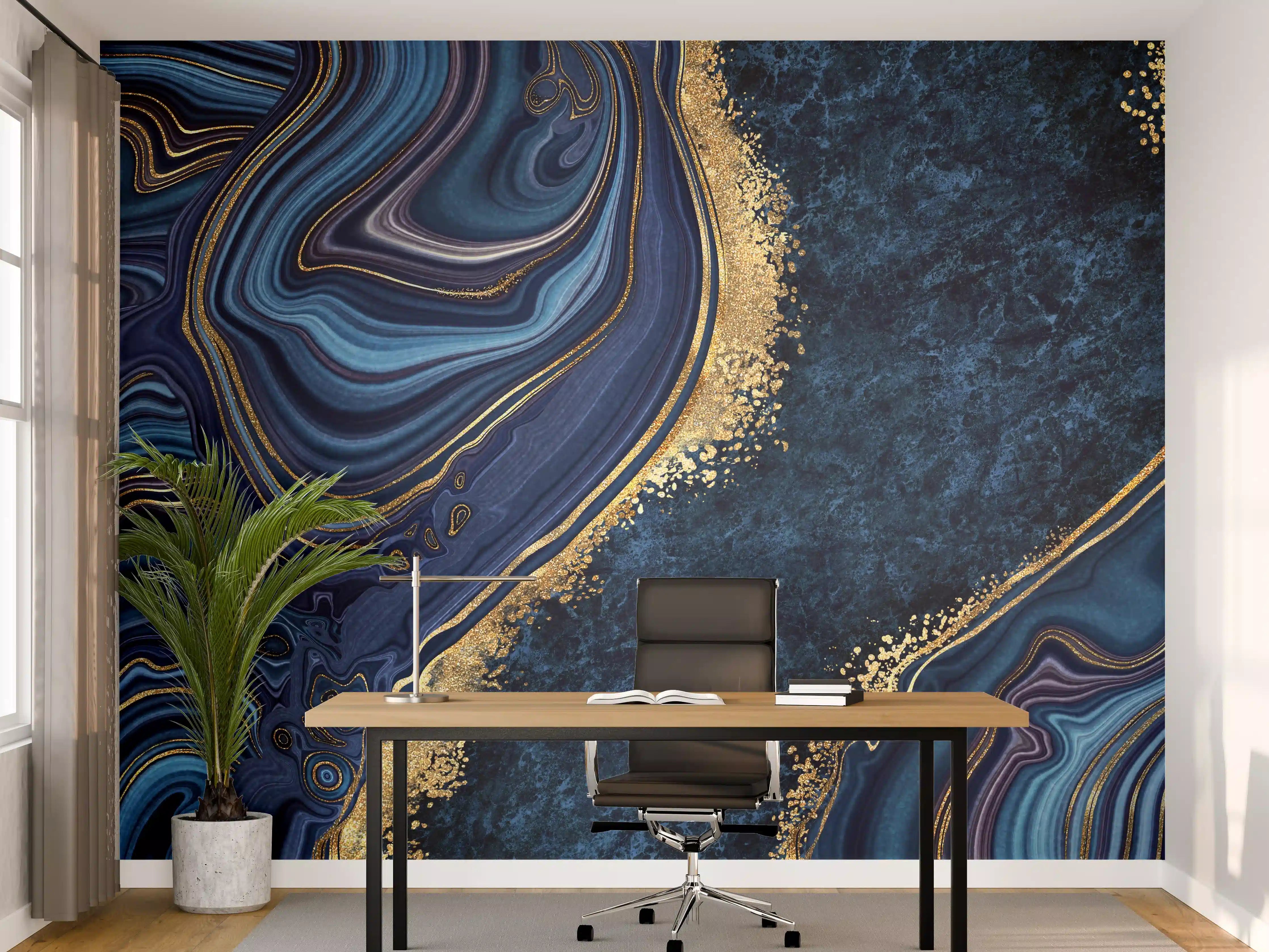 Büro Wandgestaltung - Blau goldenes Mosaik Design aus Marmor