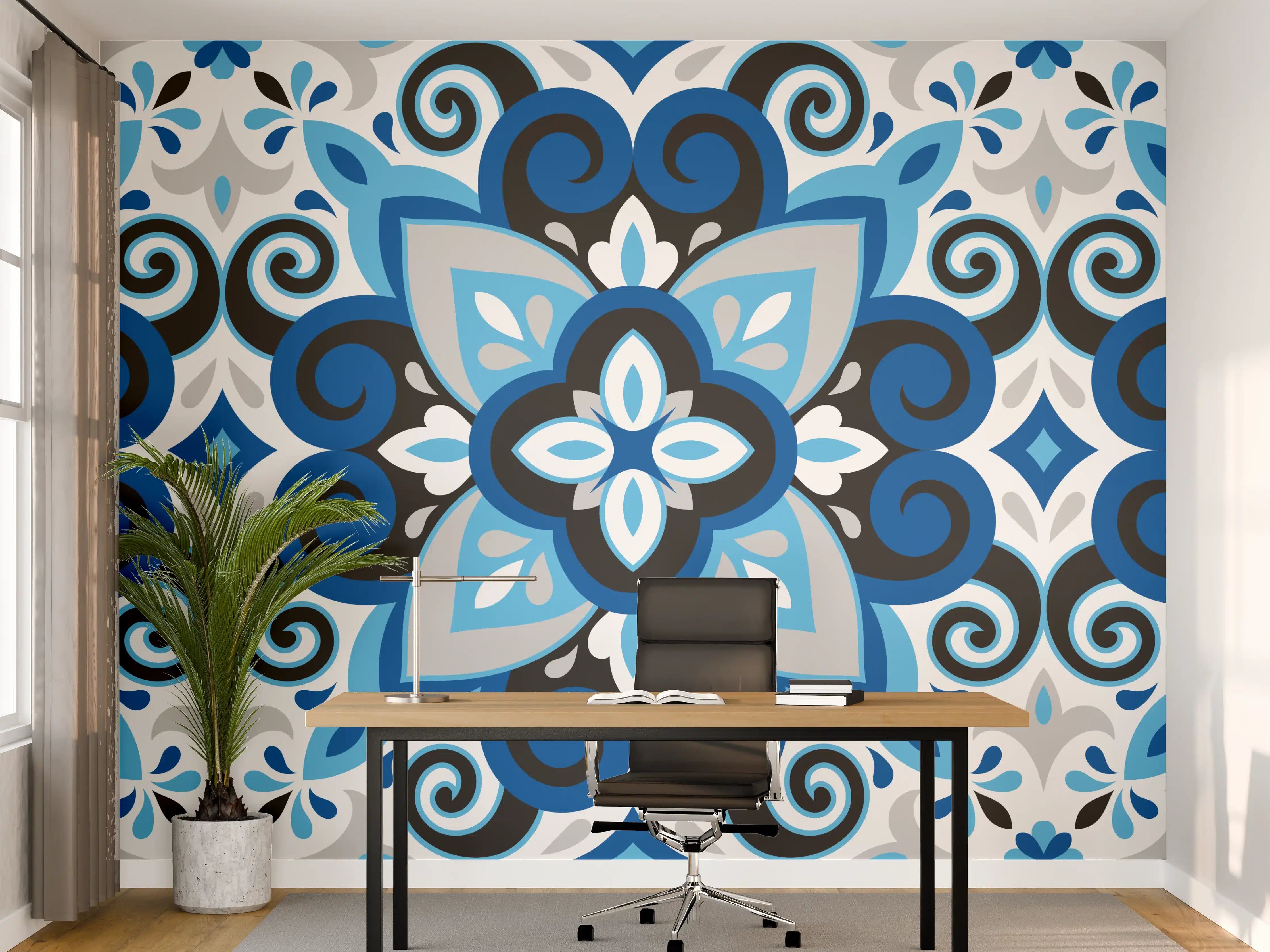 Büro Wandgestaltung - Blau-weißes Musterdesign mit subtilen Grautönen