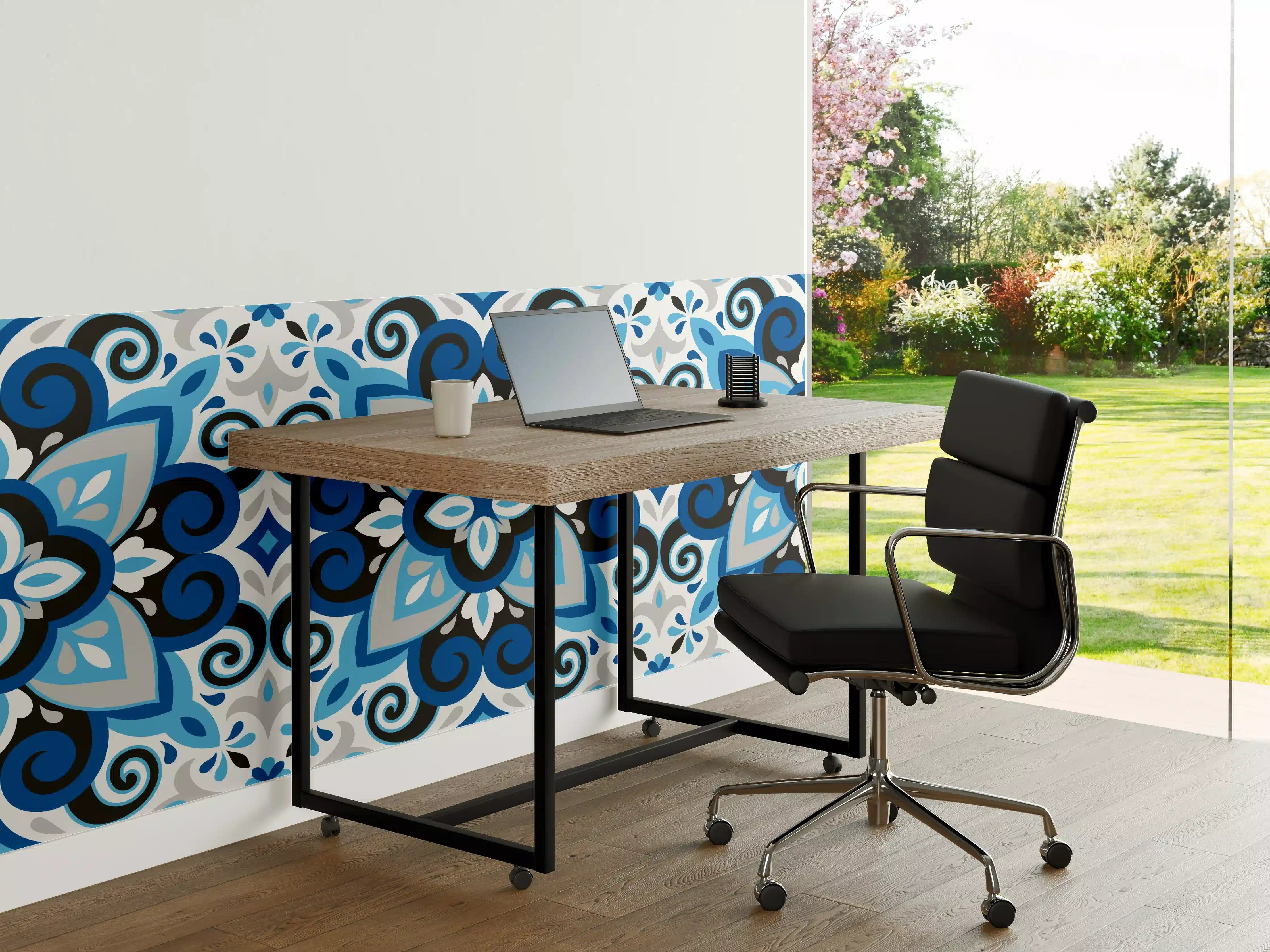 Büro Wandgestaltung - Blau-weißes Musterdesign mit subtilen Grautönen