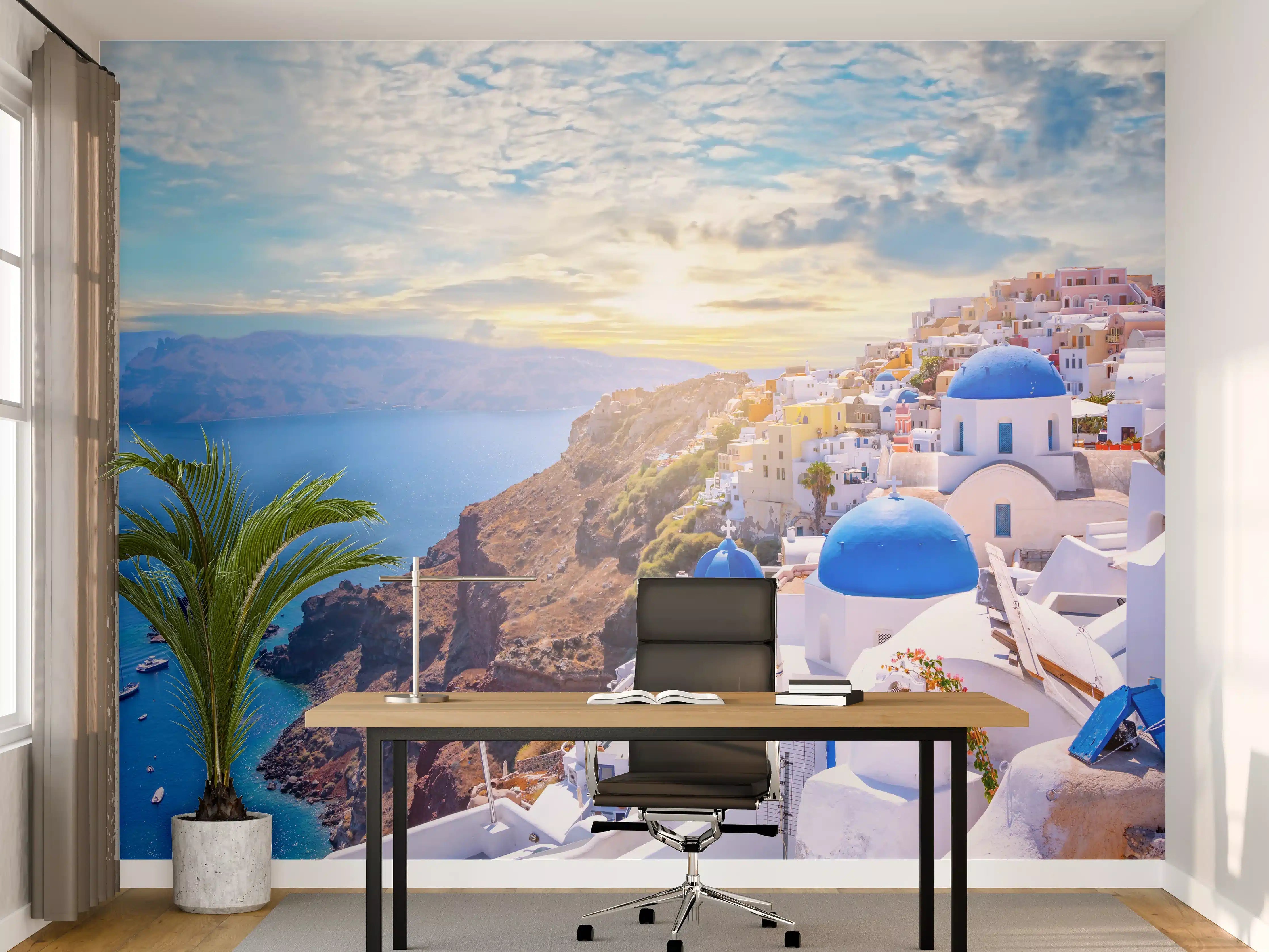 Büro Wandgestaltung - Blaue Kuppeln und weiße Fassaden in Santorini