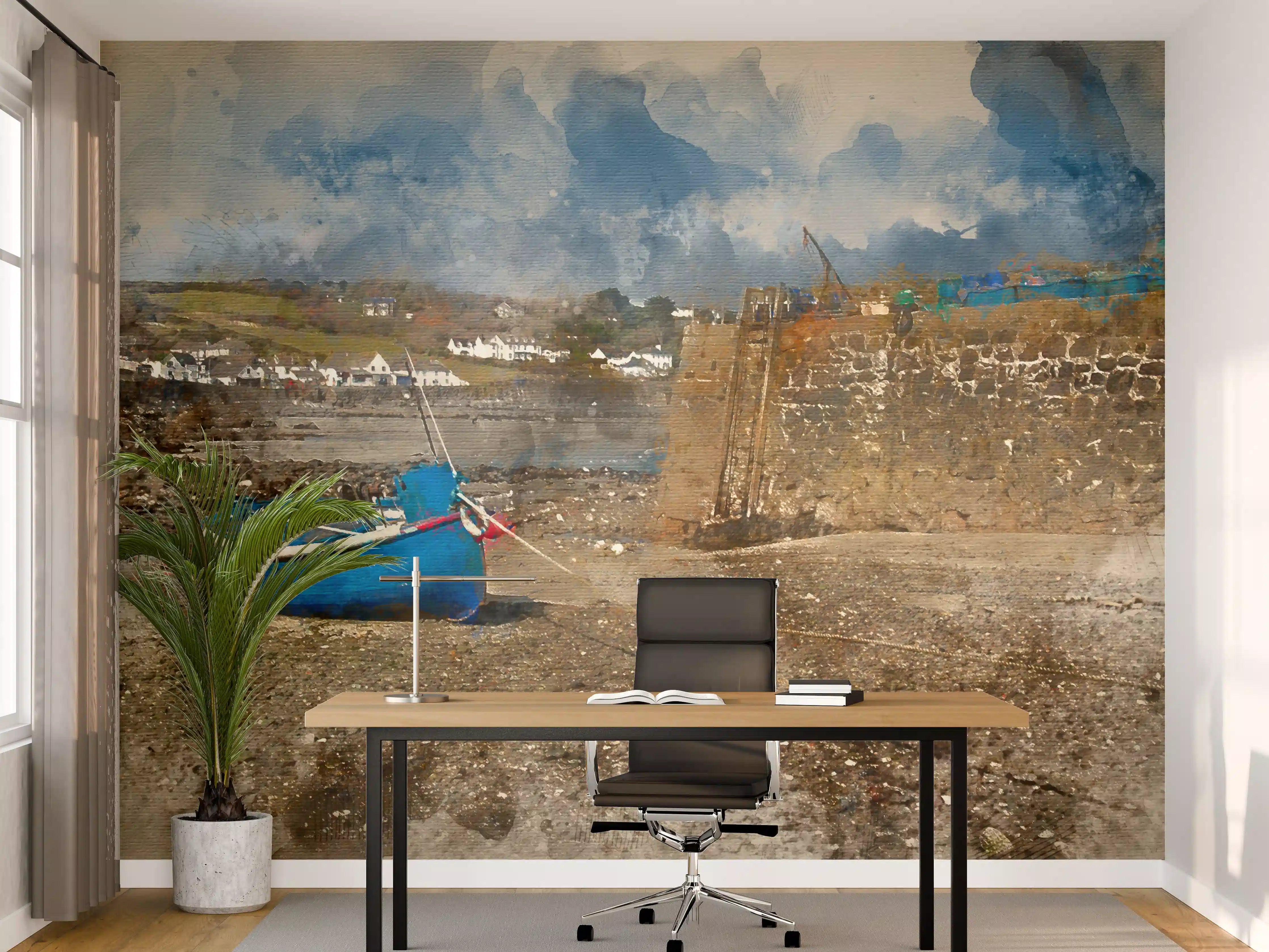 Büro Wandgestaltung - Blaue Segeljolle am Hafen