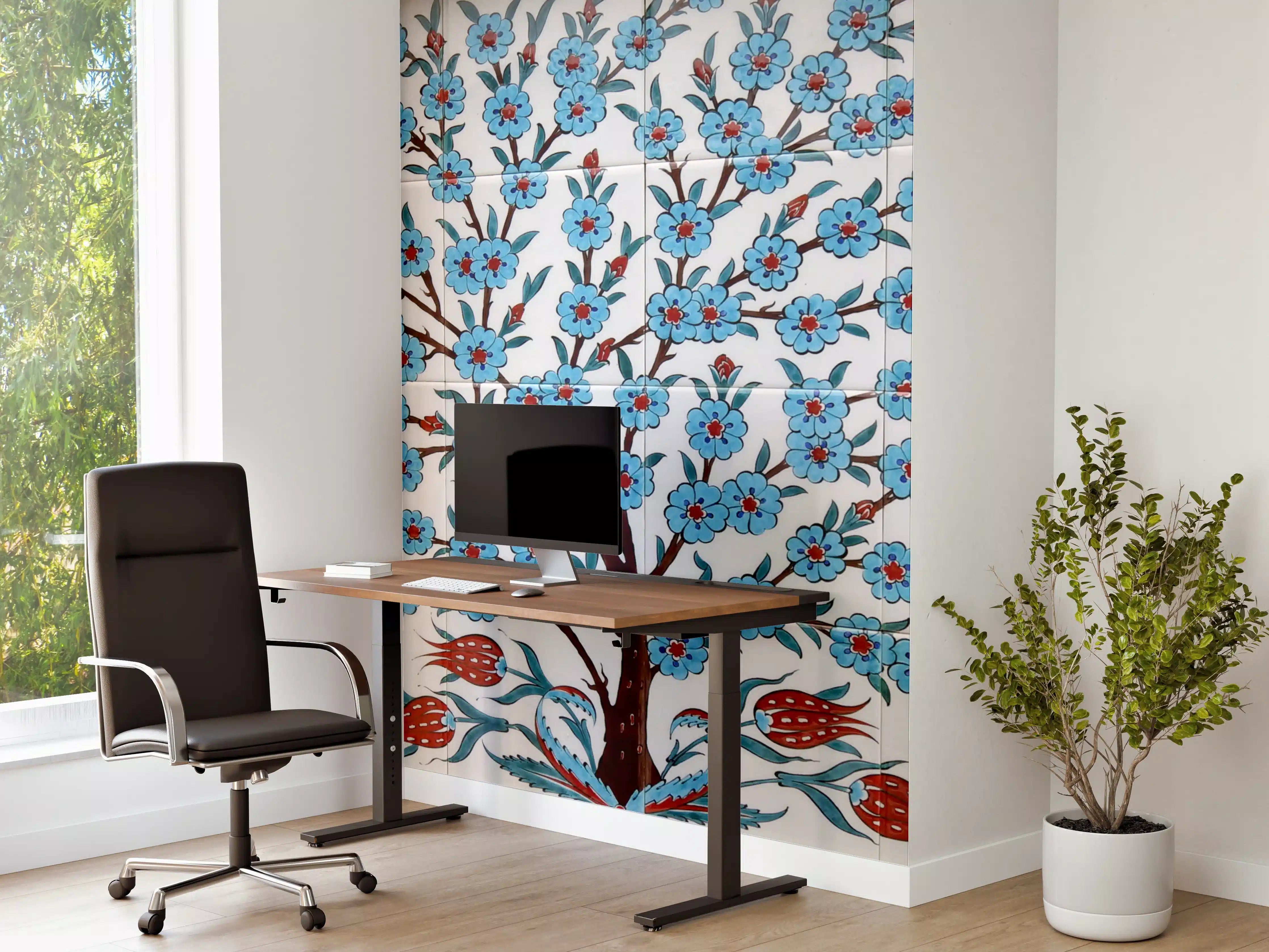 Büro Wandgestaltung - Blauer Baum mit Vögeln auf weißem Hintergrund