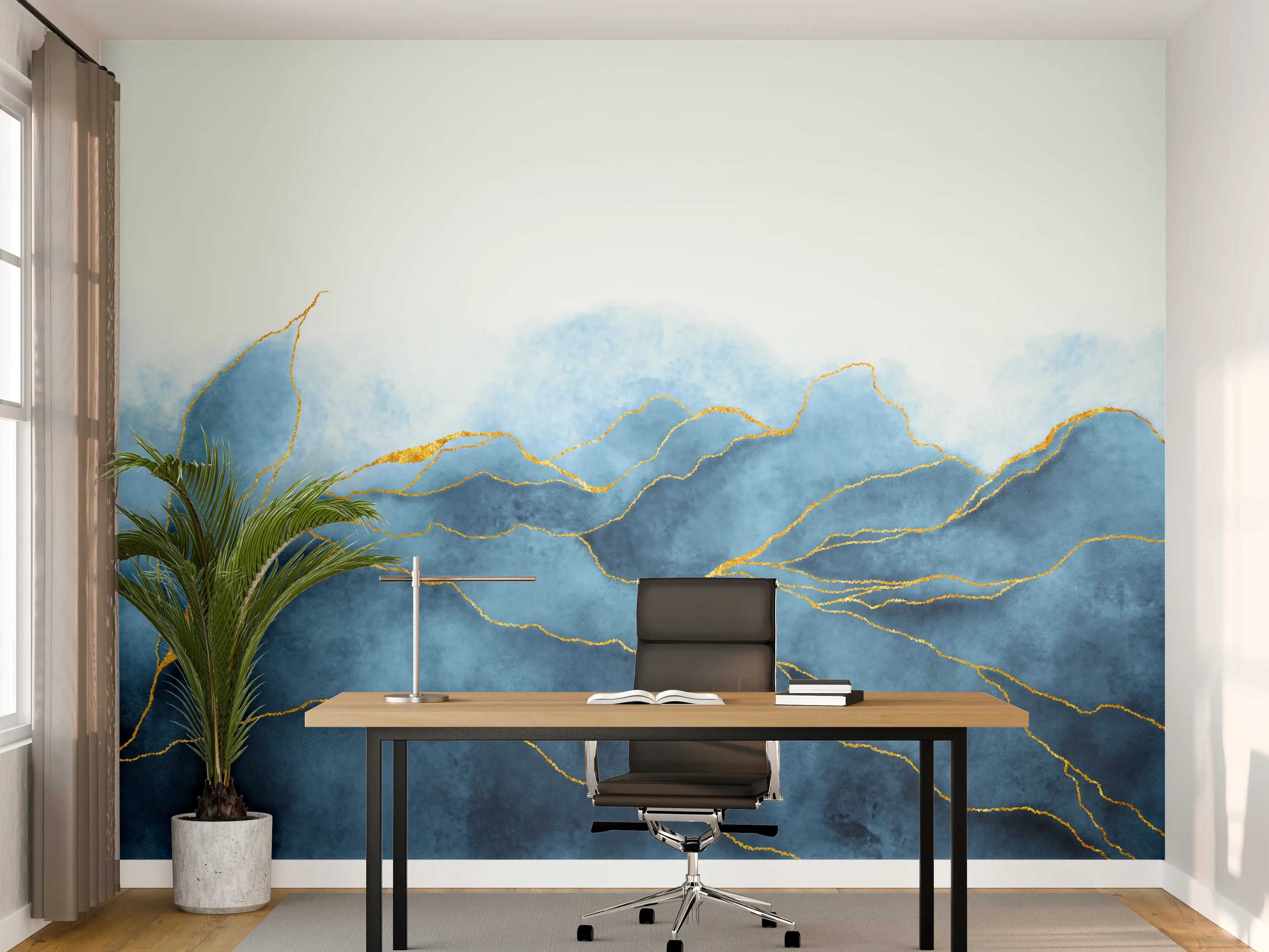 Büro Wandgestaltung - Blaues Aquarell mit Goldelementen