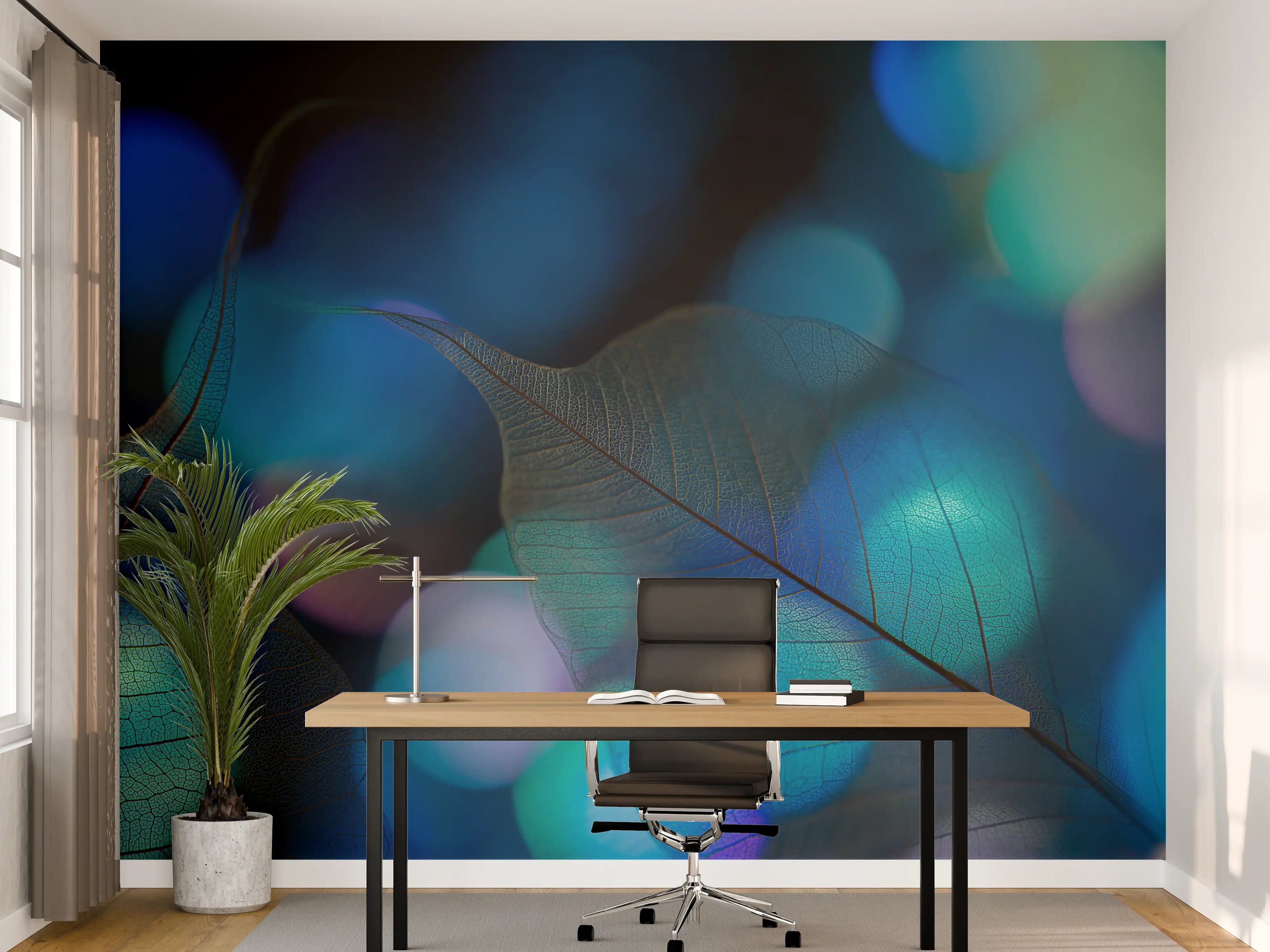 Büro Wandgestaltung - Blaugrün Lichtspiel Blatttextur
