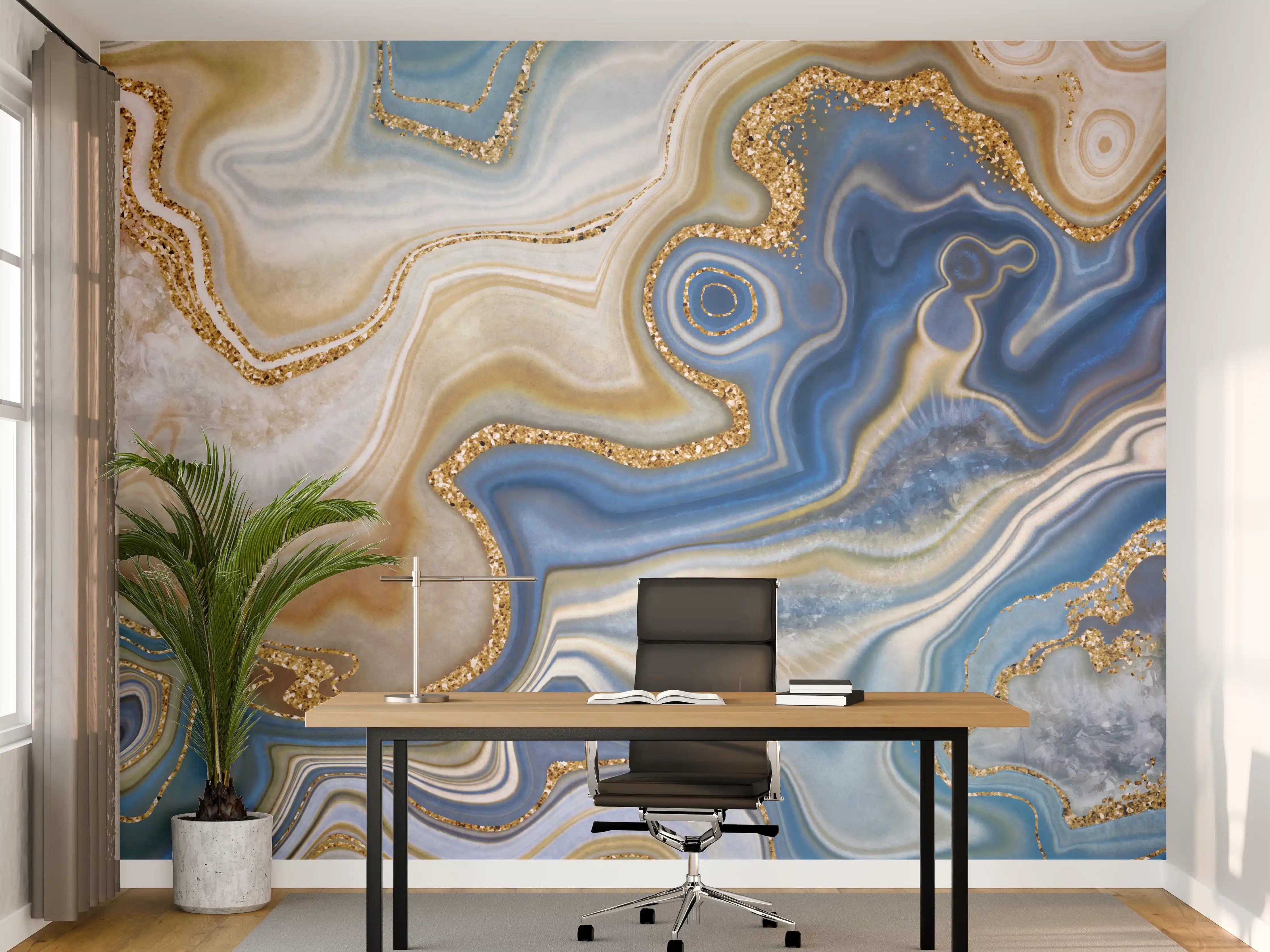 Büro Wandgestaltung - Blautöne mit goldener Marmorstruktur