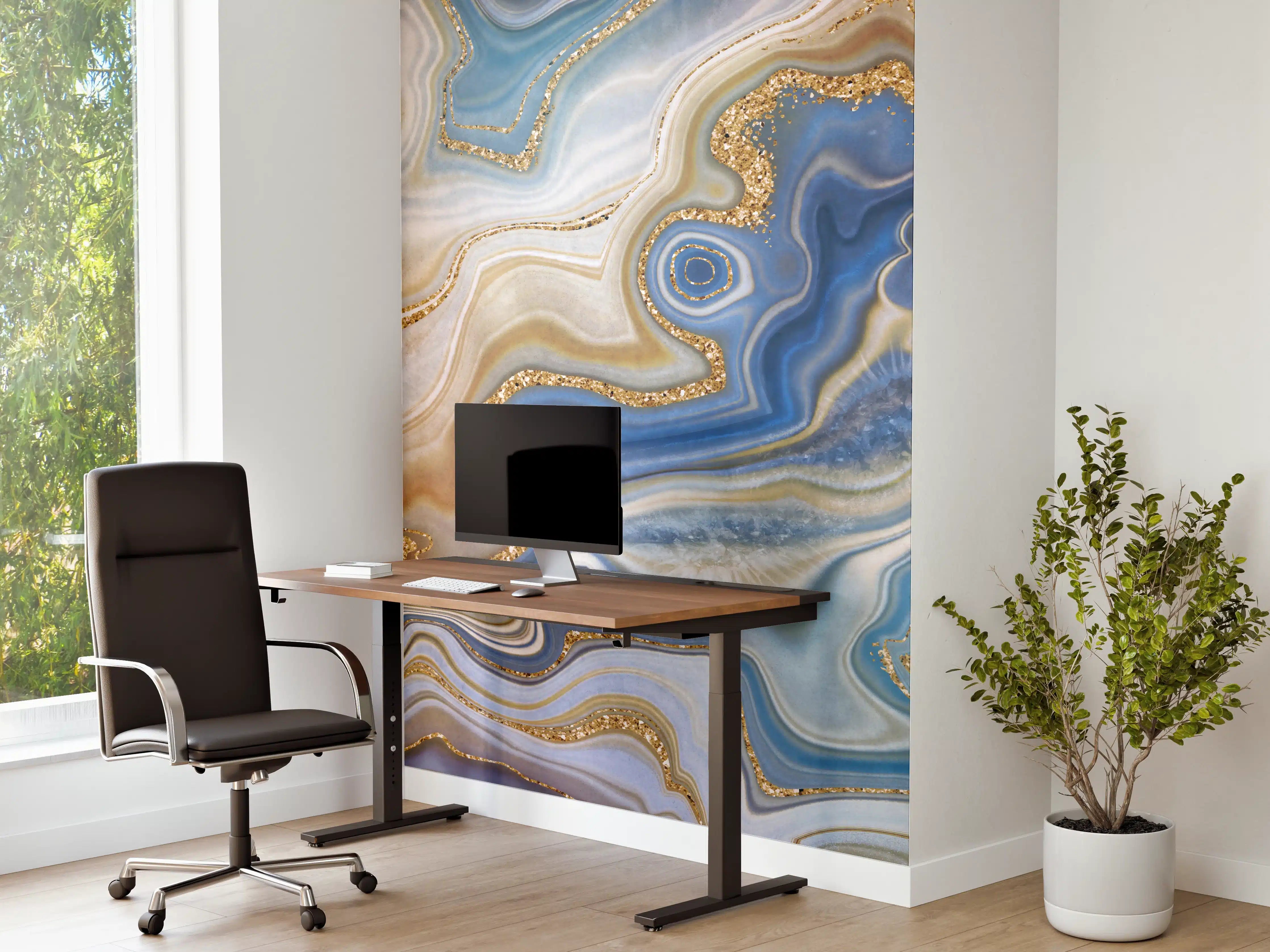 Büro Wandgestaltung - Blautöne mit goldener Marmorstruktur