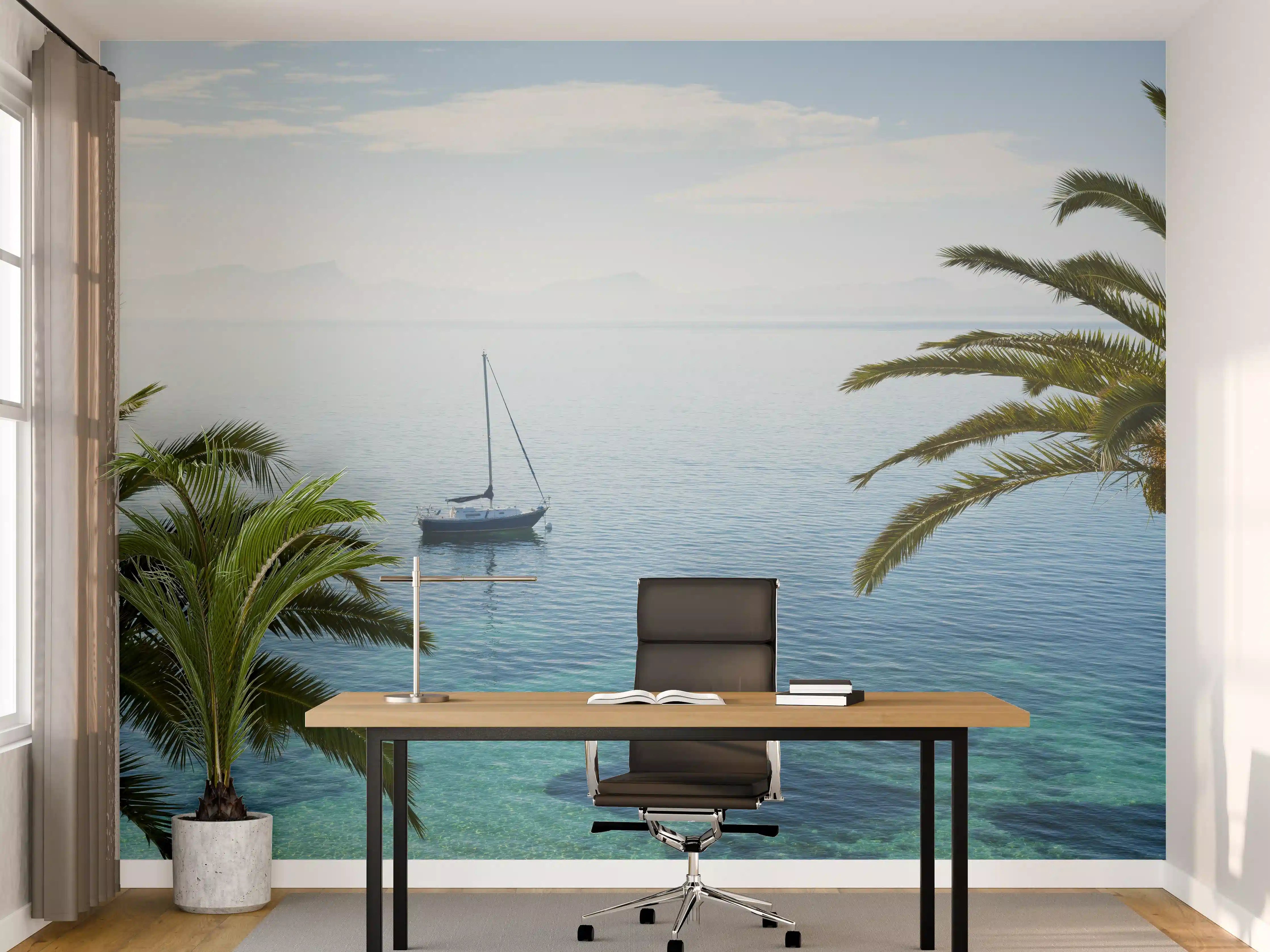 Büro Wandgestaltung - Blick auf das blaue Meer mit Segelboot