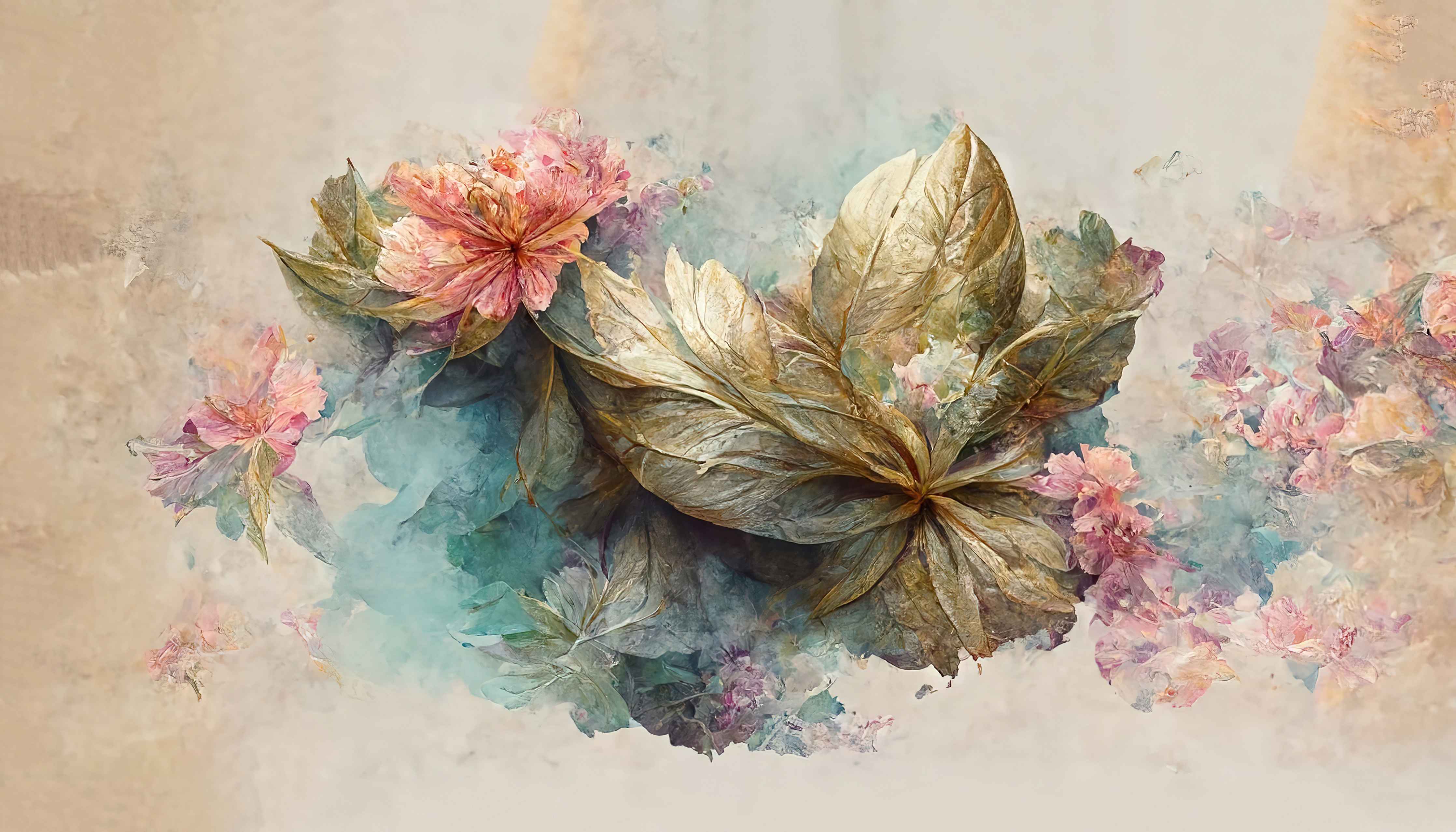 Büro Wandgestaltung-Blühende Blumen mit Goldakzenten