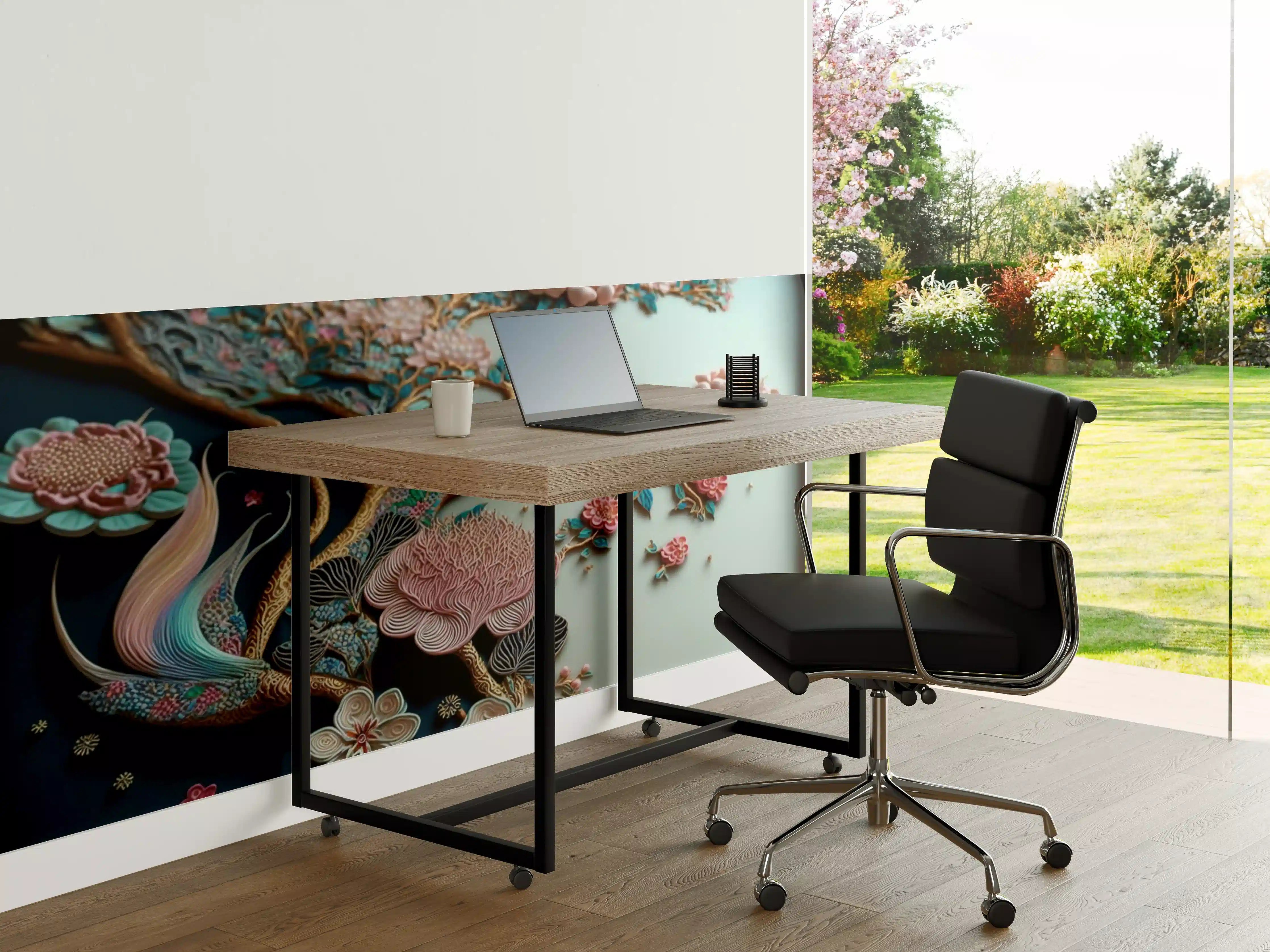 Büro Wandgestaltung - Blühender Baum mit bunten Blüten und Laubboden