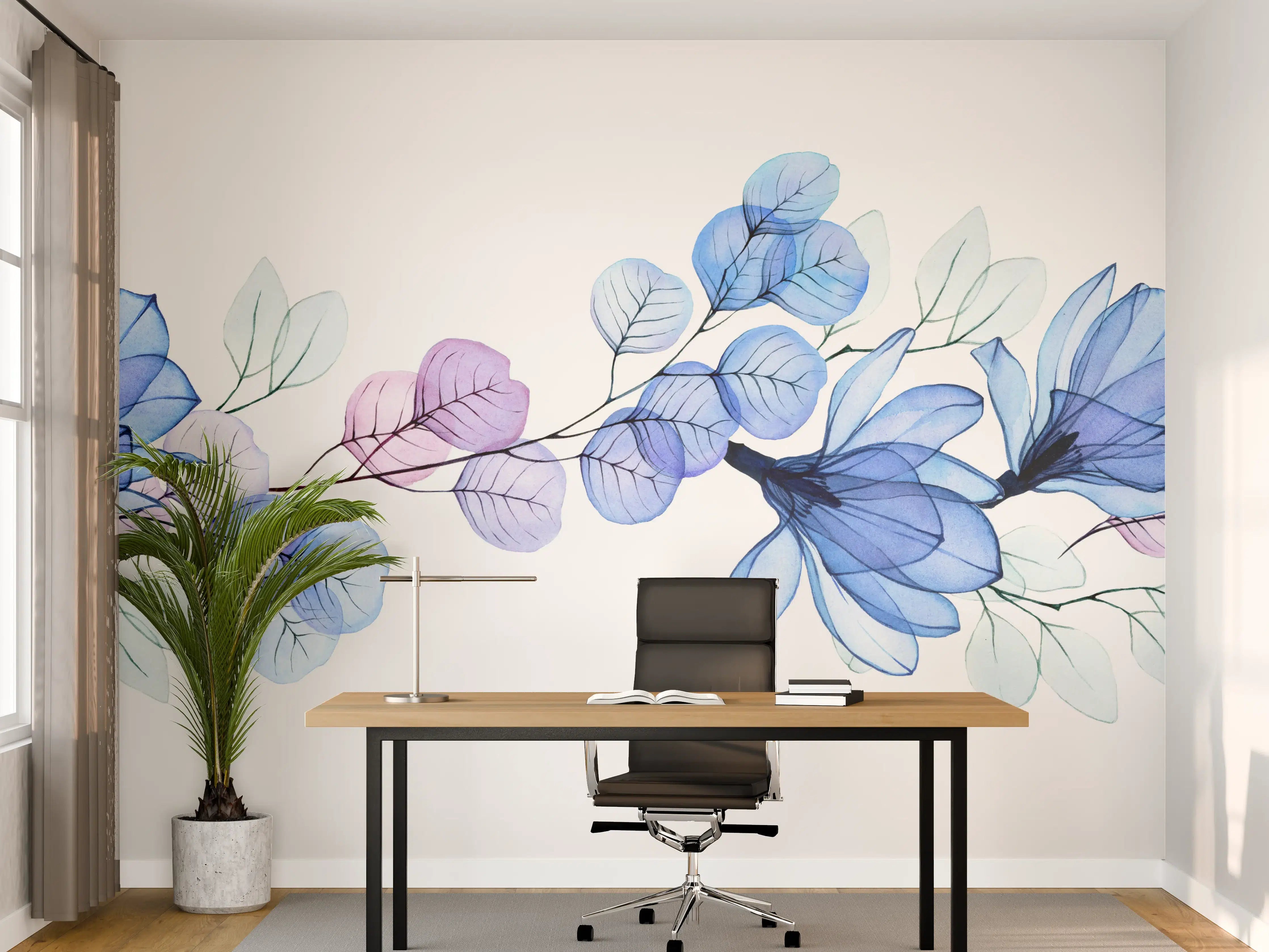 Büro Wandgestaltung - Blumendruck in Blau und Lila