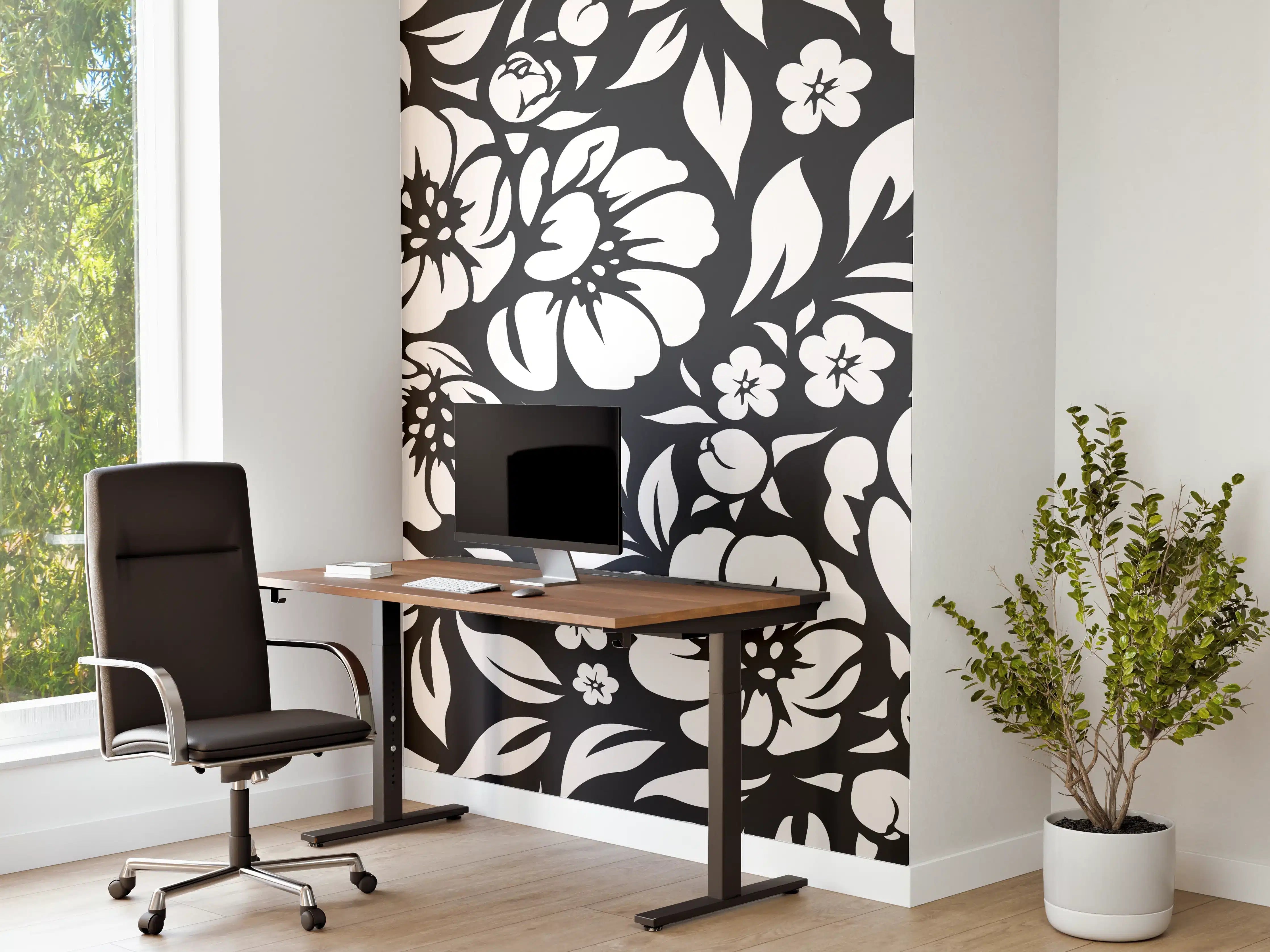 Büro Wandgestaltung - Blumenmuster Schwarz-Weiß