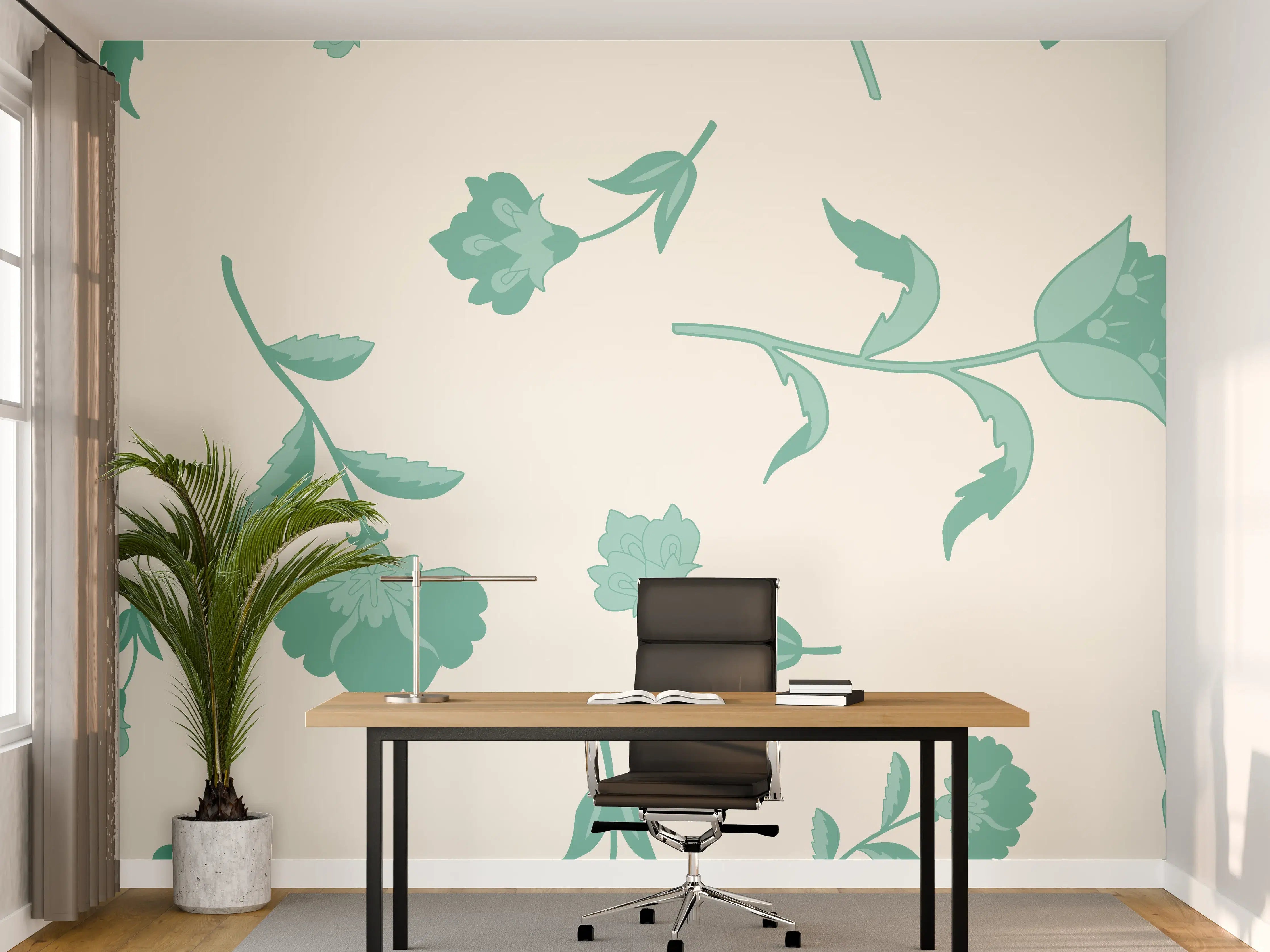Büro Wandgestaltung - Blumenmuster Türkis-Weiß