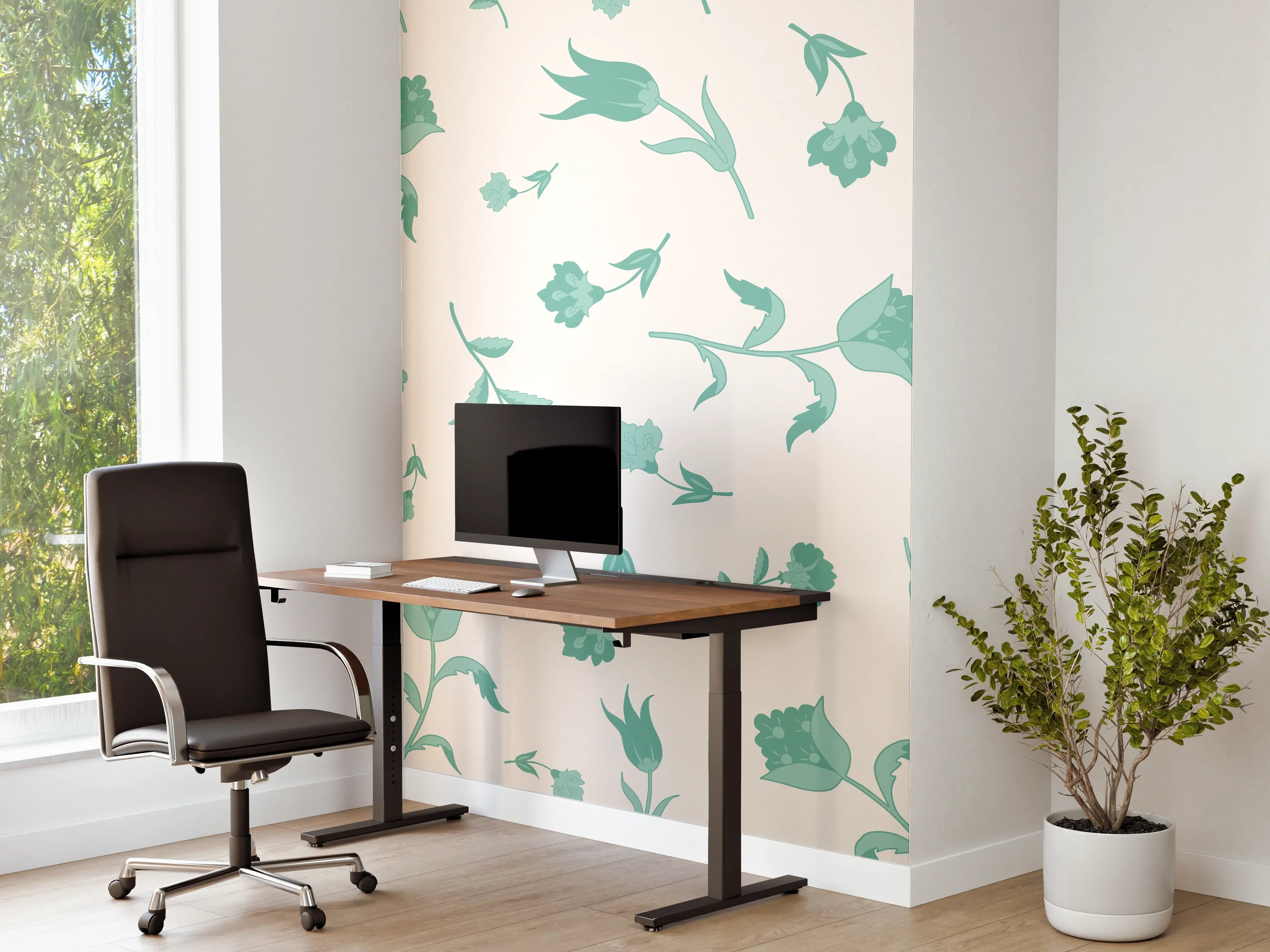 Büro Wandgestaltung - Blumenmuster Türkis-Weiß
