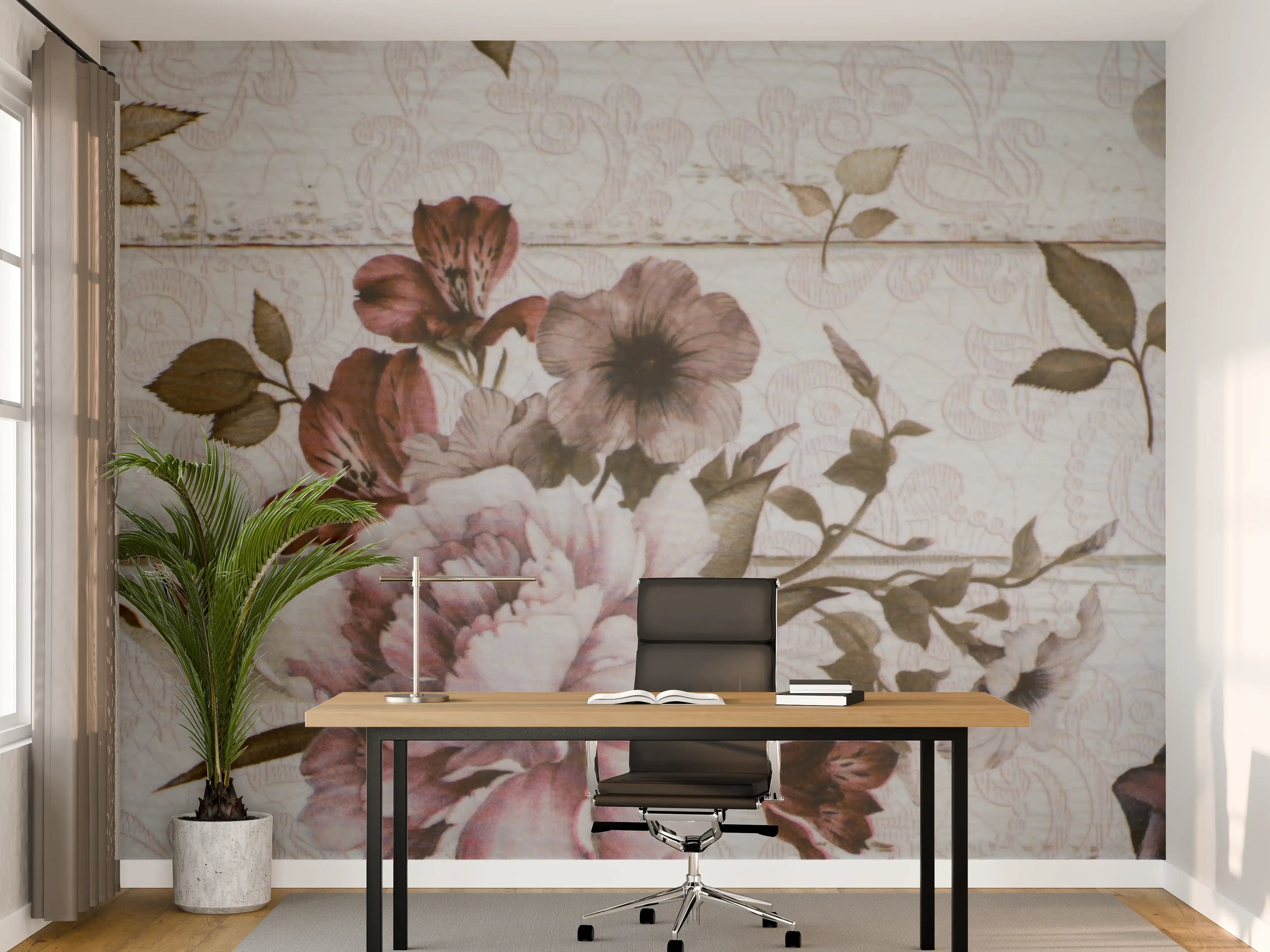 Büro Wandgestaltung - Blumenmuster auf Holzoptik mit dezenten Farben
