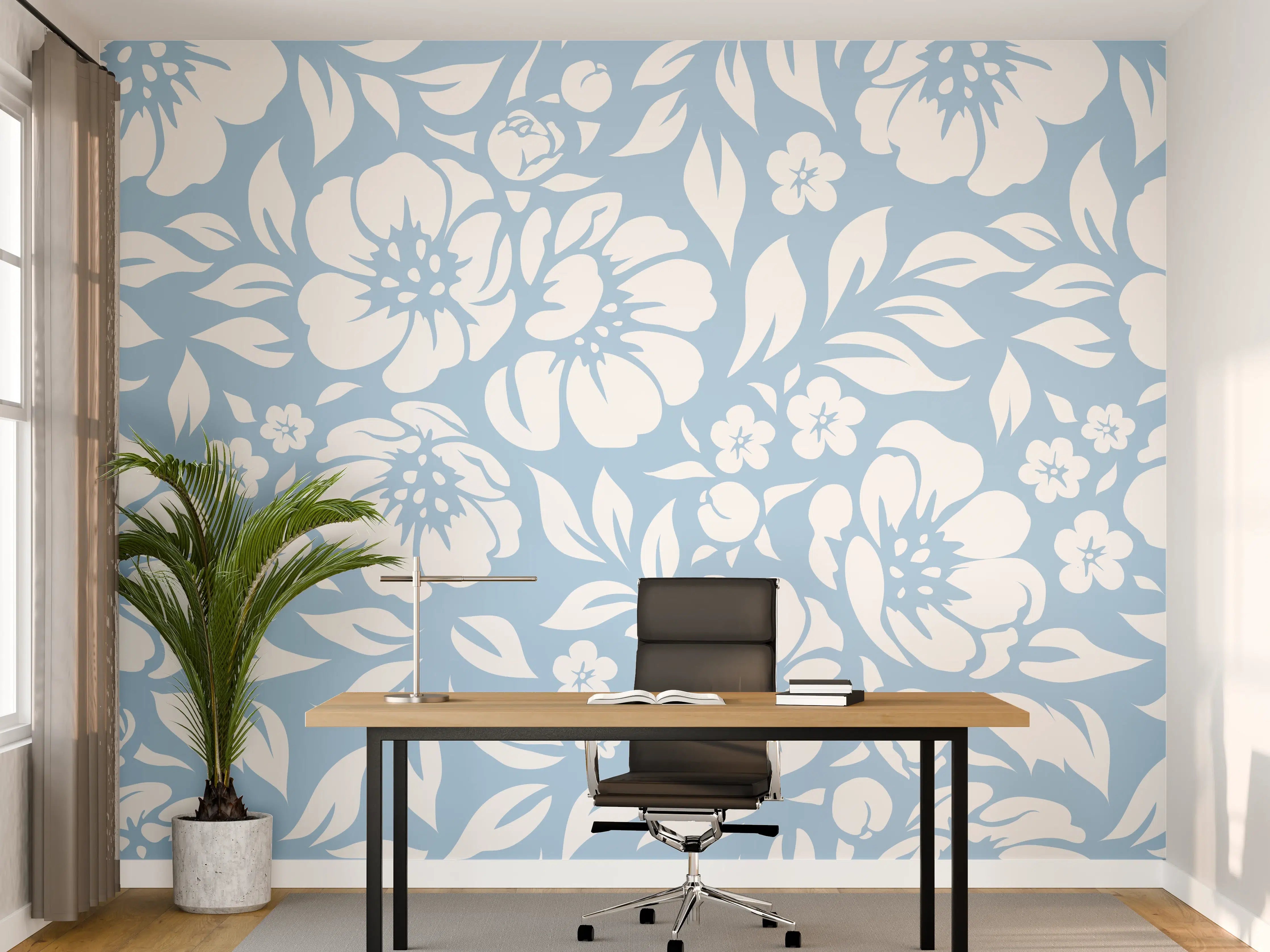 Büro Wandgestaltung - Blumenmuster in Blau mit zarten Grautönen