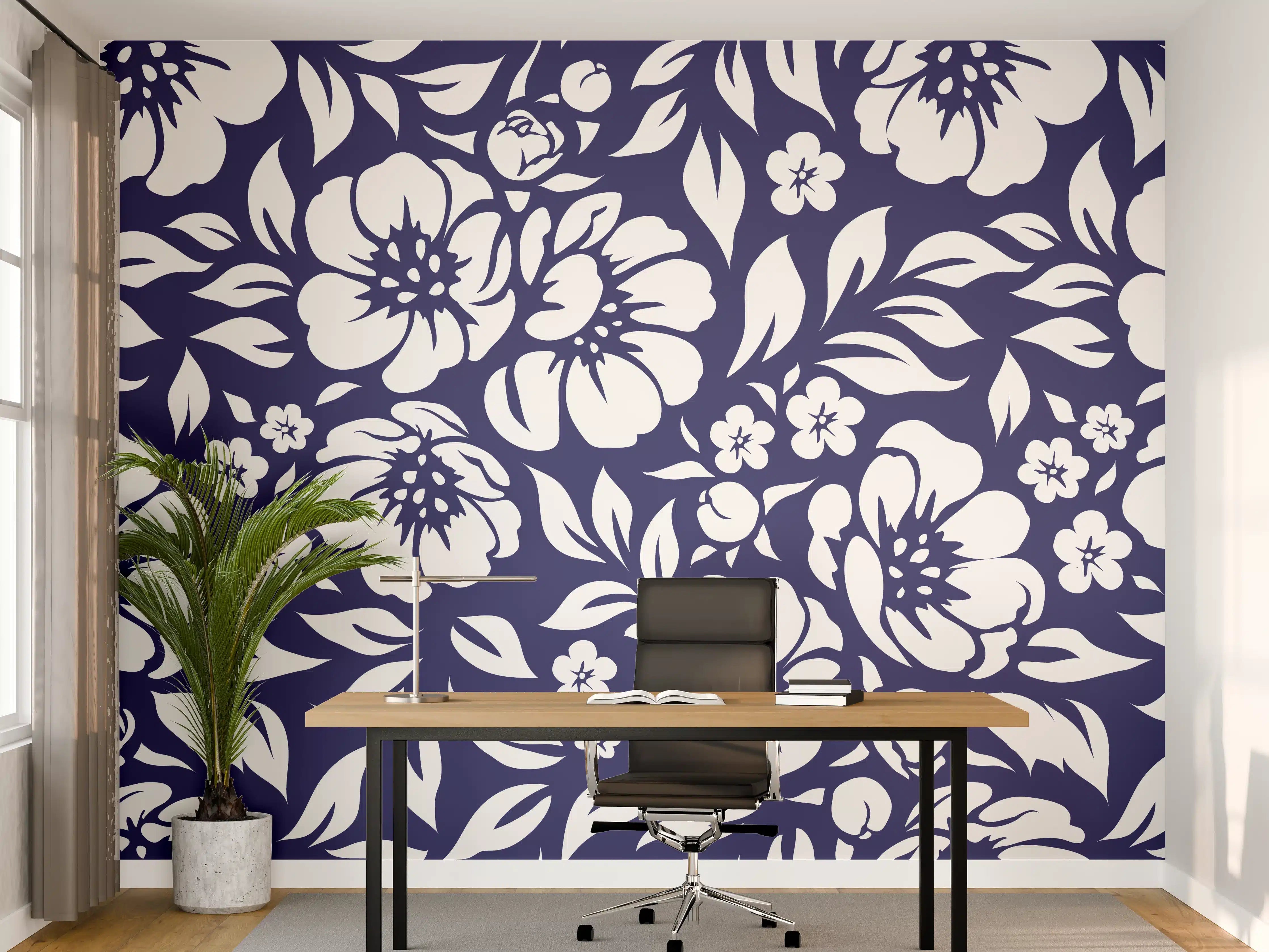 Büro Wandgestaltung - Blumenmuster in Blau und Weiß