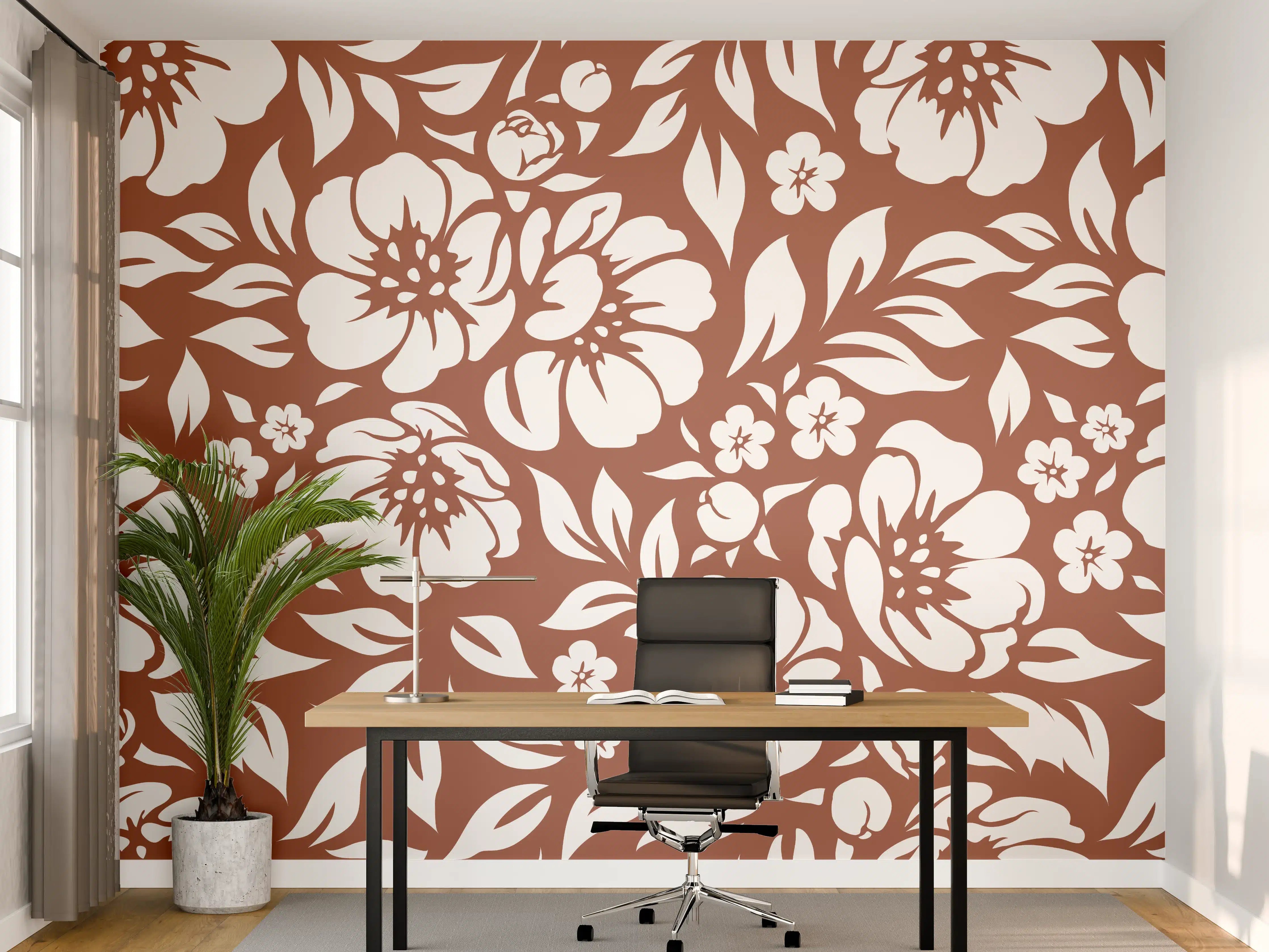 Büro Wandgestaltung - Blumenmuster in Braun und zarten Grautönen