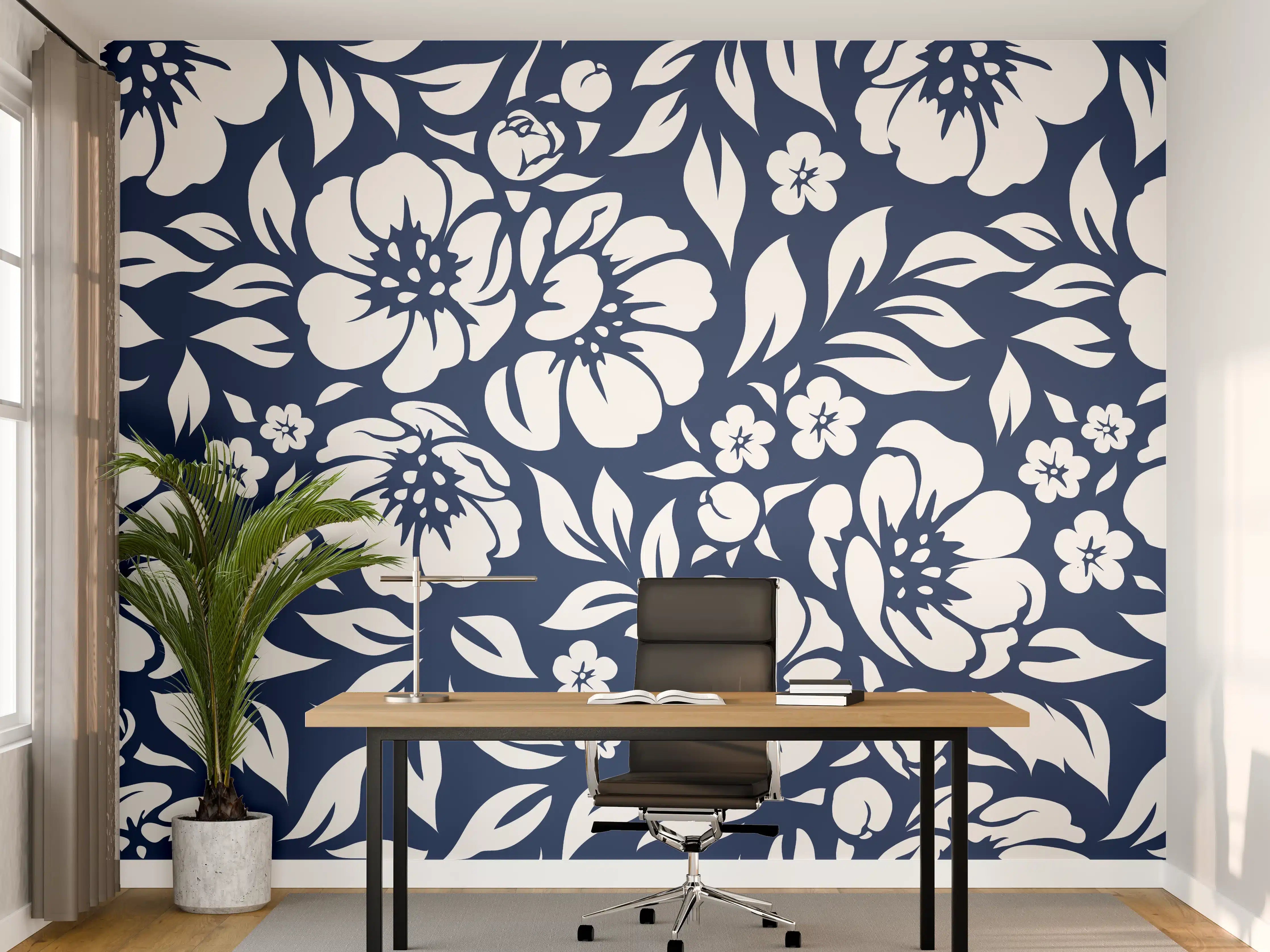 Büro Wandgestaltung - Blumenmuster in Dunkelblau