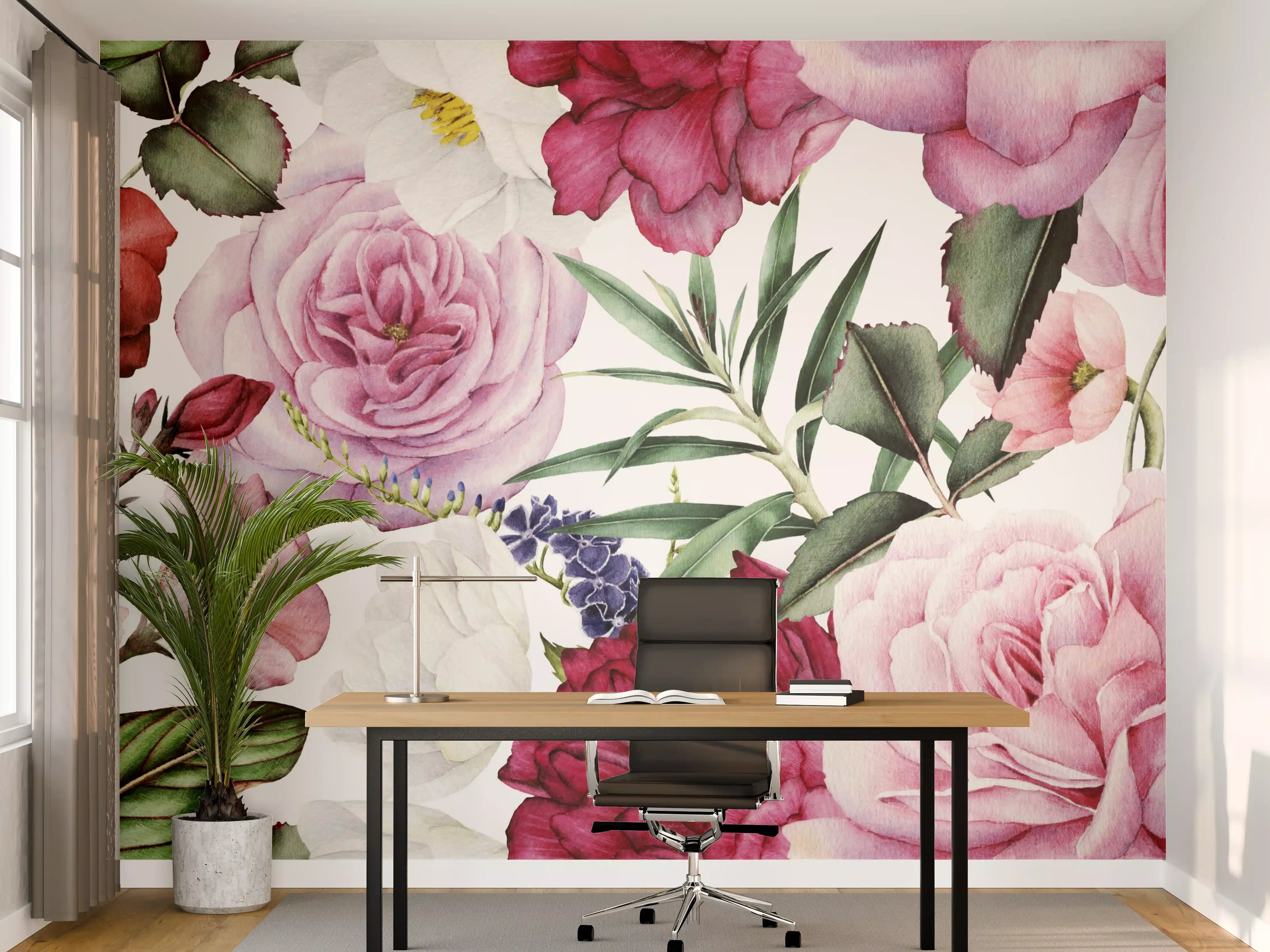 Büro Wandgestaltung - Blumenmuster mit Pink- und Rottönen