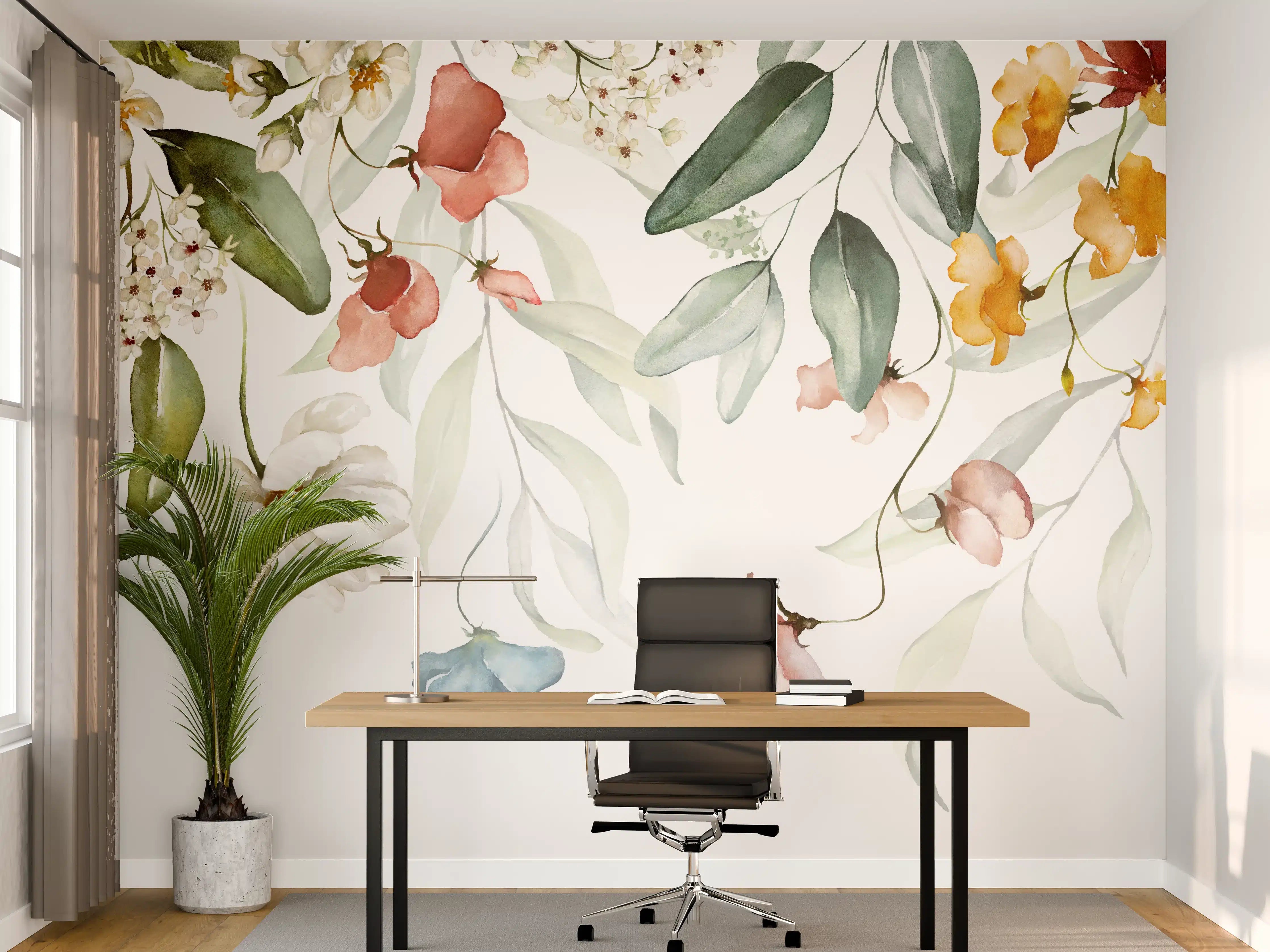 Büro Wandgestaltung - Blumenstrauß-Bordüre auf weißem Grund