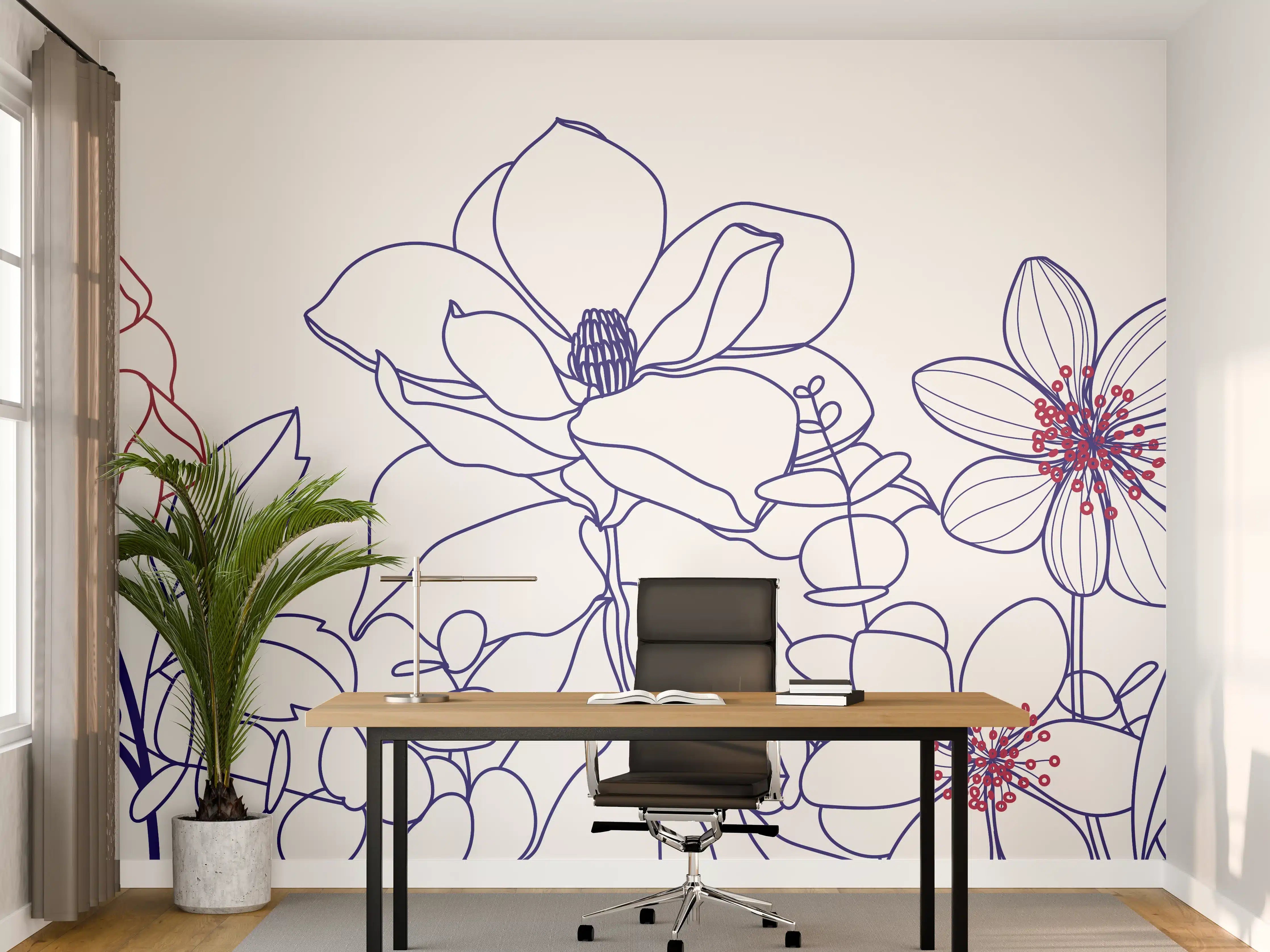 Büro Wandgestaltung - Blumenstrauß Linienzeichnung Wanddekor