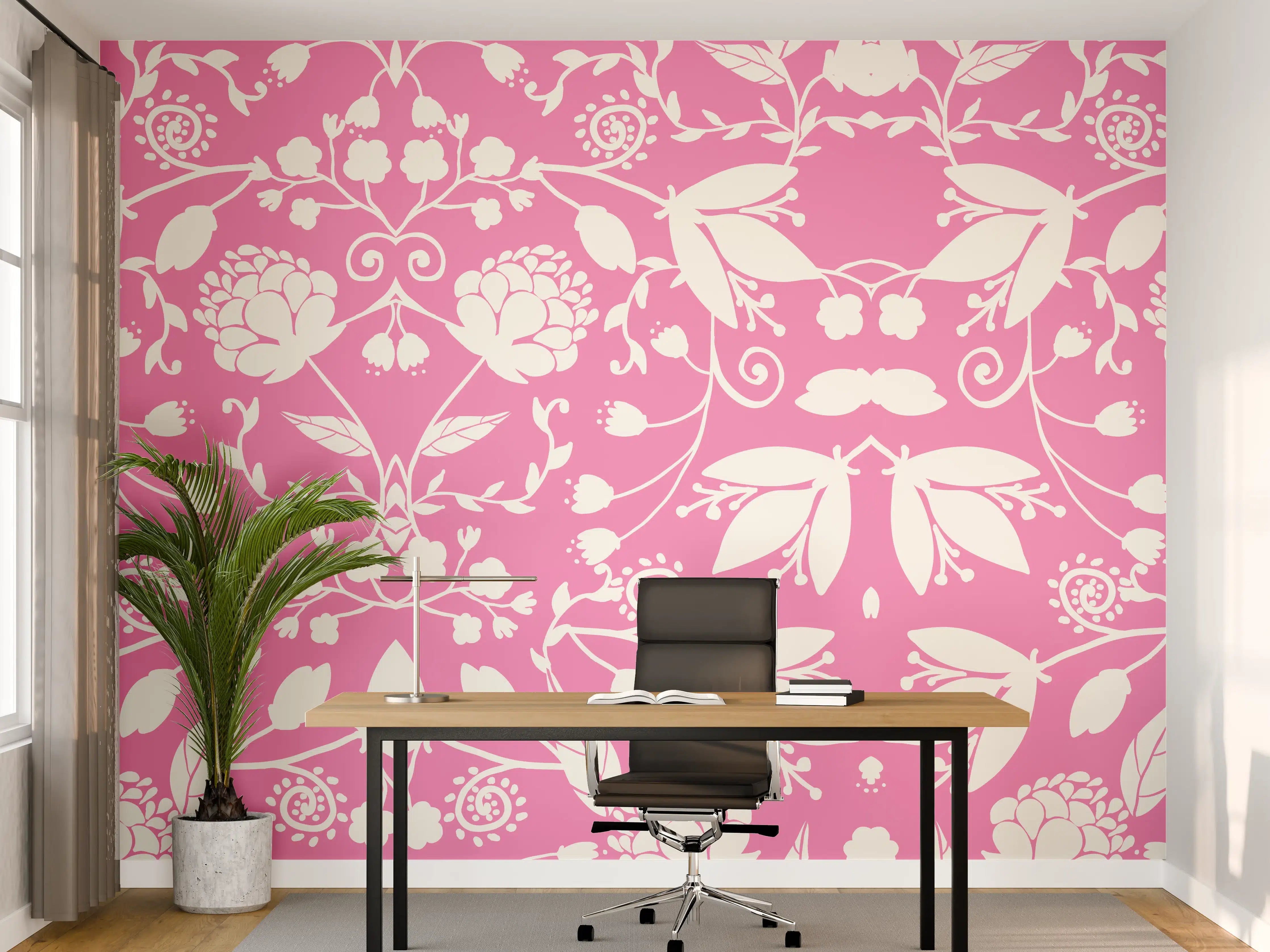 Büro Wandgestaltung - Blumiges Muster in zarten Rosa- und Weißtönen