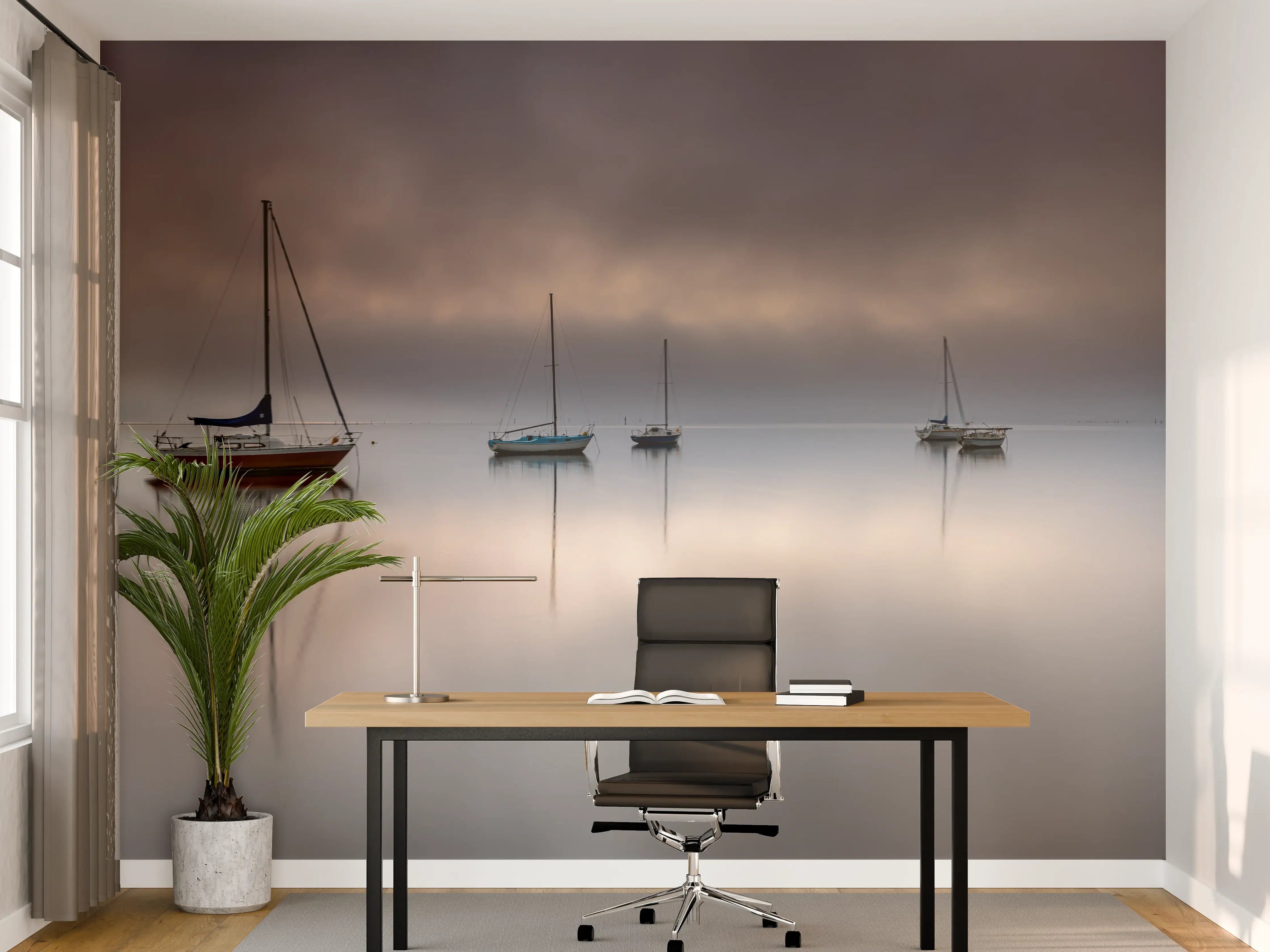 Büro Wandgestaltung - Boote auf nebeligem Meer