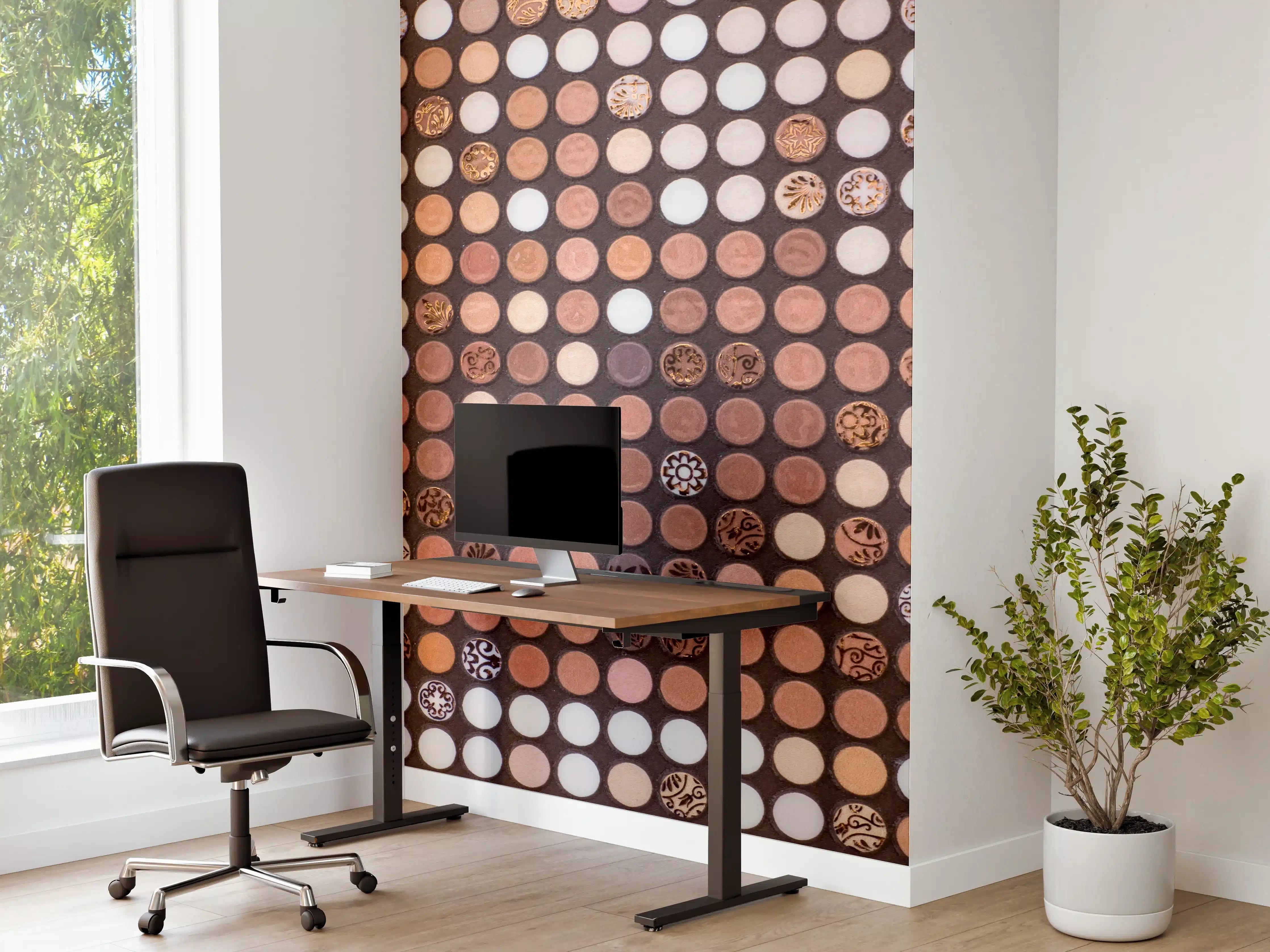 Büro Wandgestaltung - Braune Holzperlenmosaik mit Grau- und Weißtönen