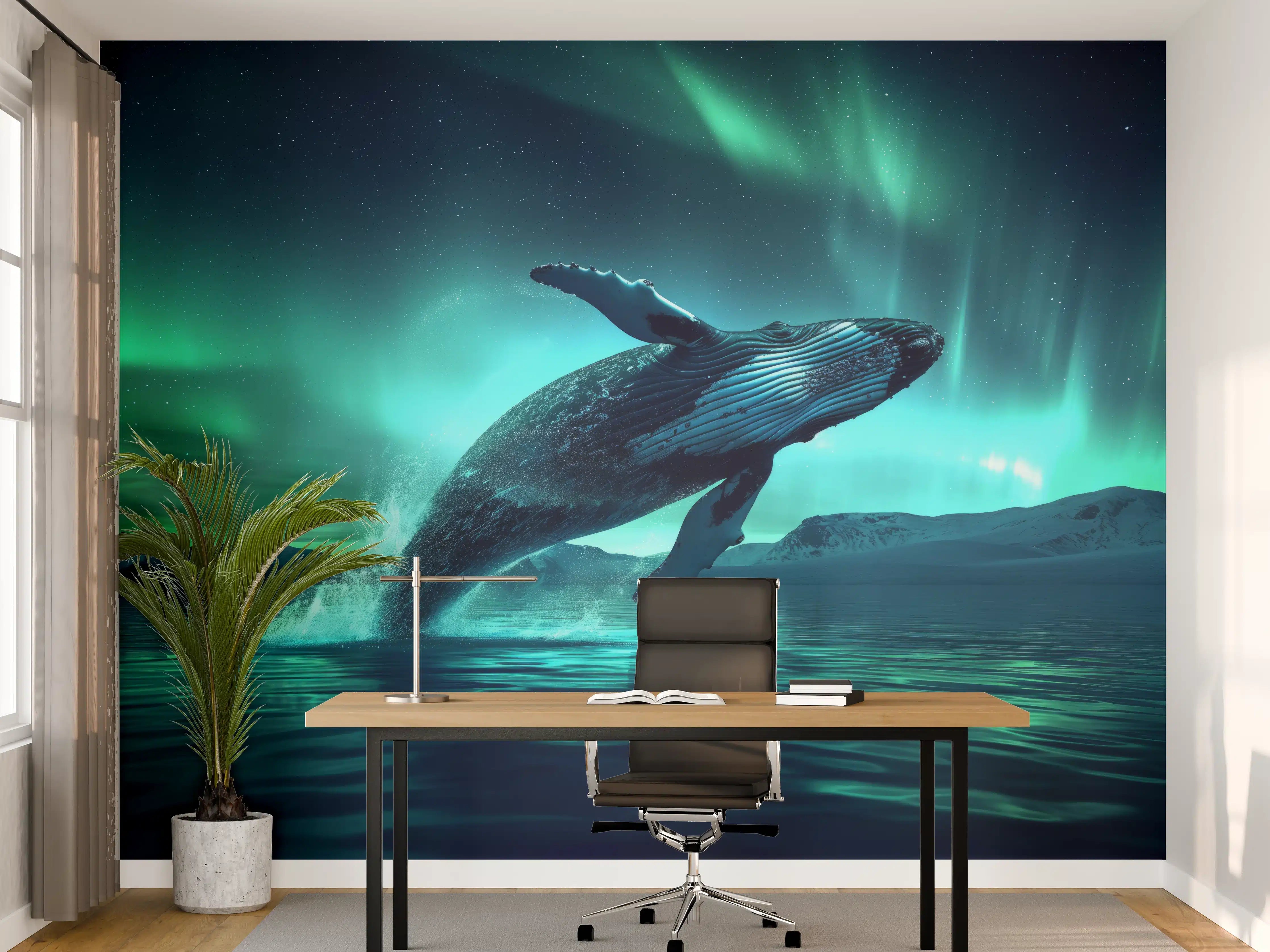 Büro Wandgestaltung - Buckelwal unter Nordlicht Türkis