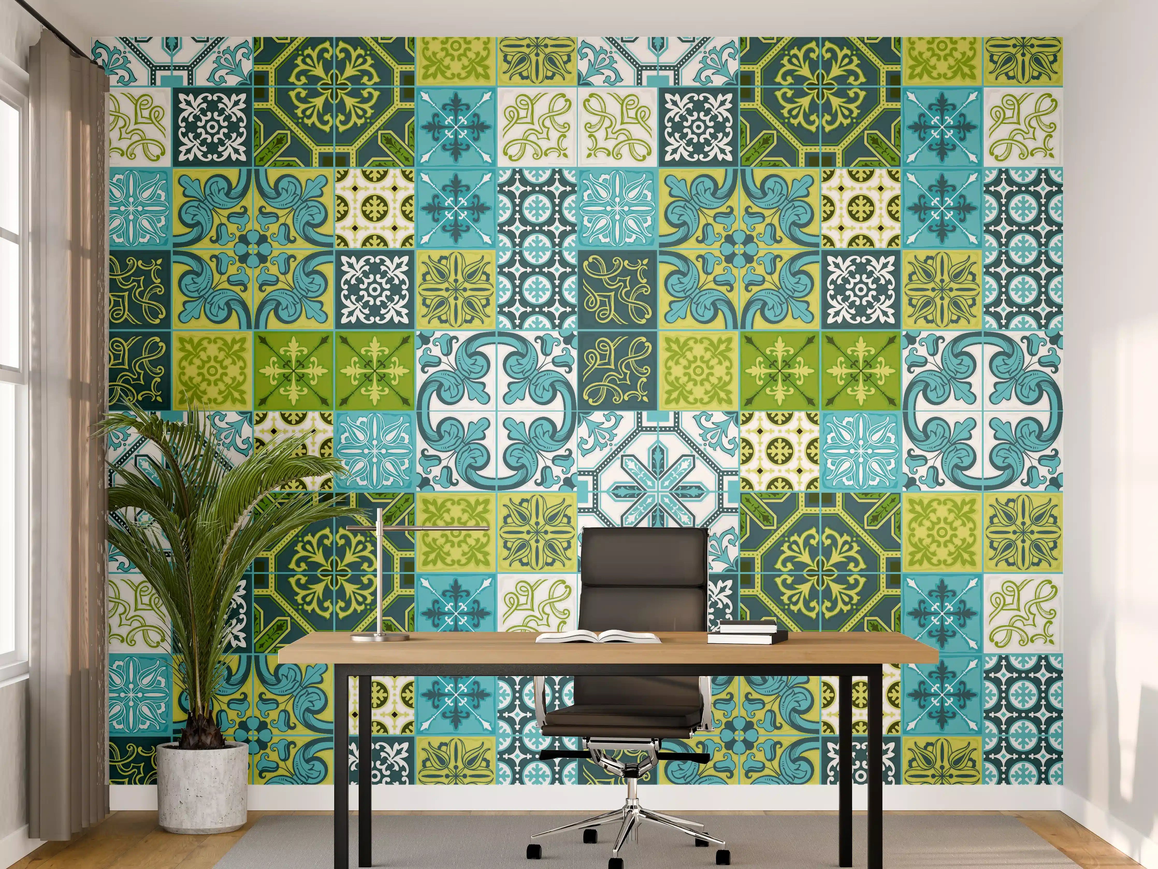 Büro Wandgestaltung - Bunt Türkis-Grüne Fliesenmuster