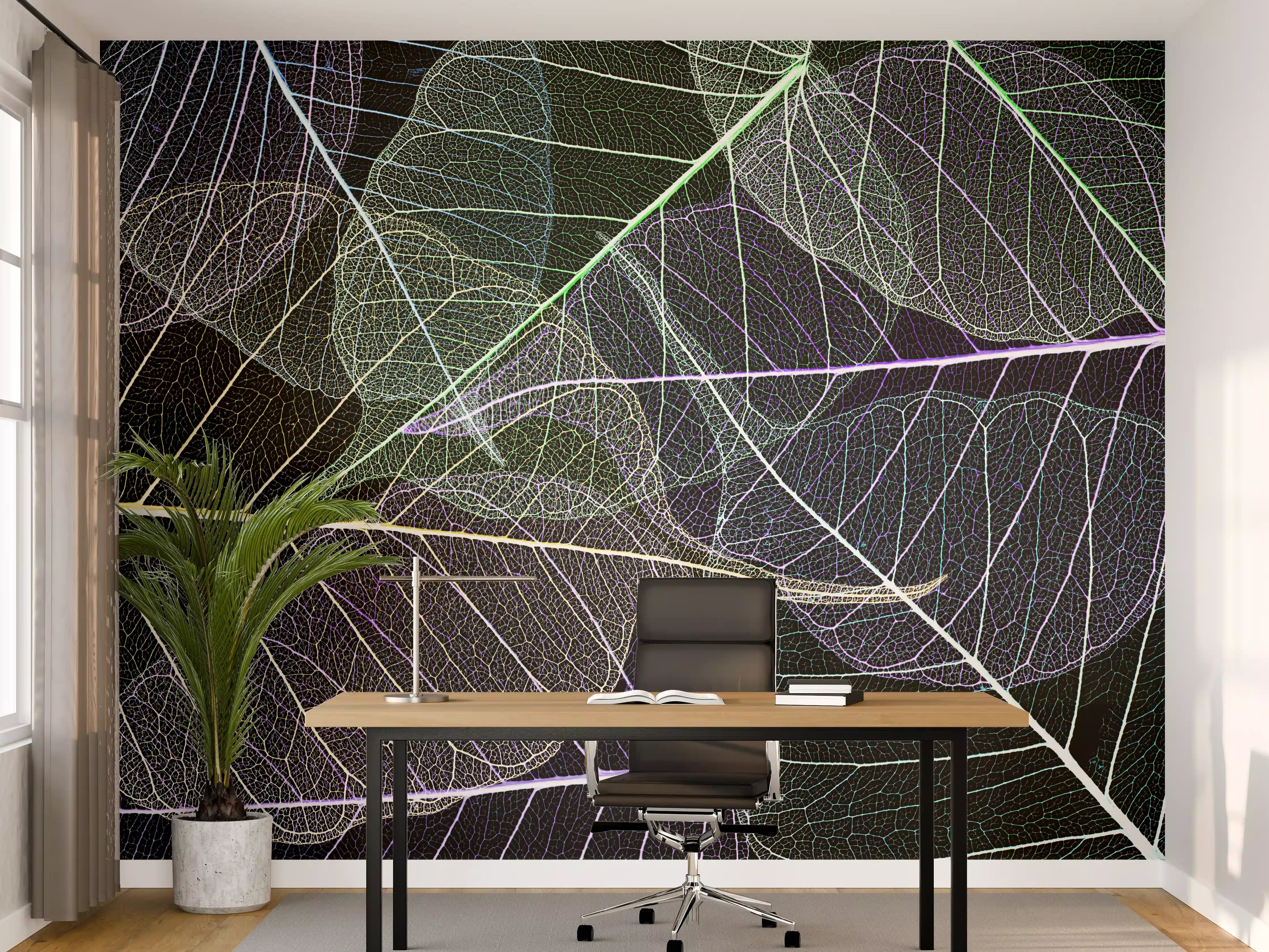 Büro Wandgestaltung - Bunte Blattadertexturen auf Schwarz