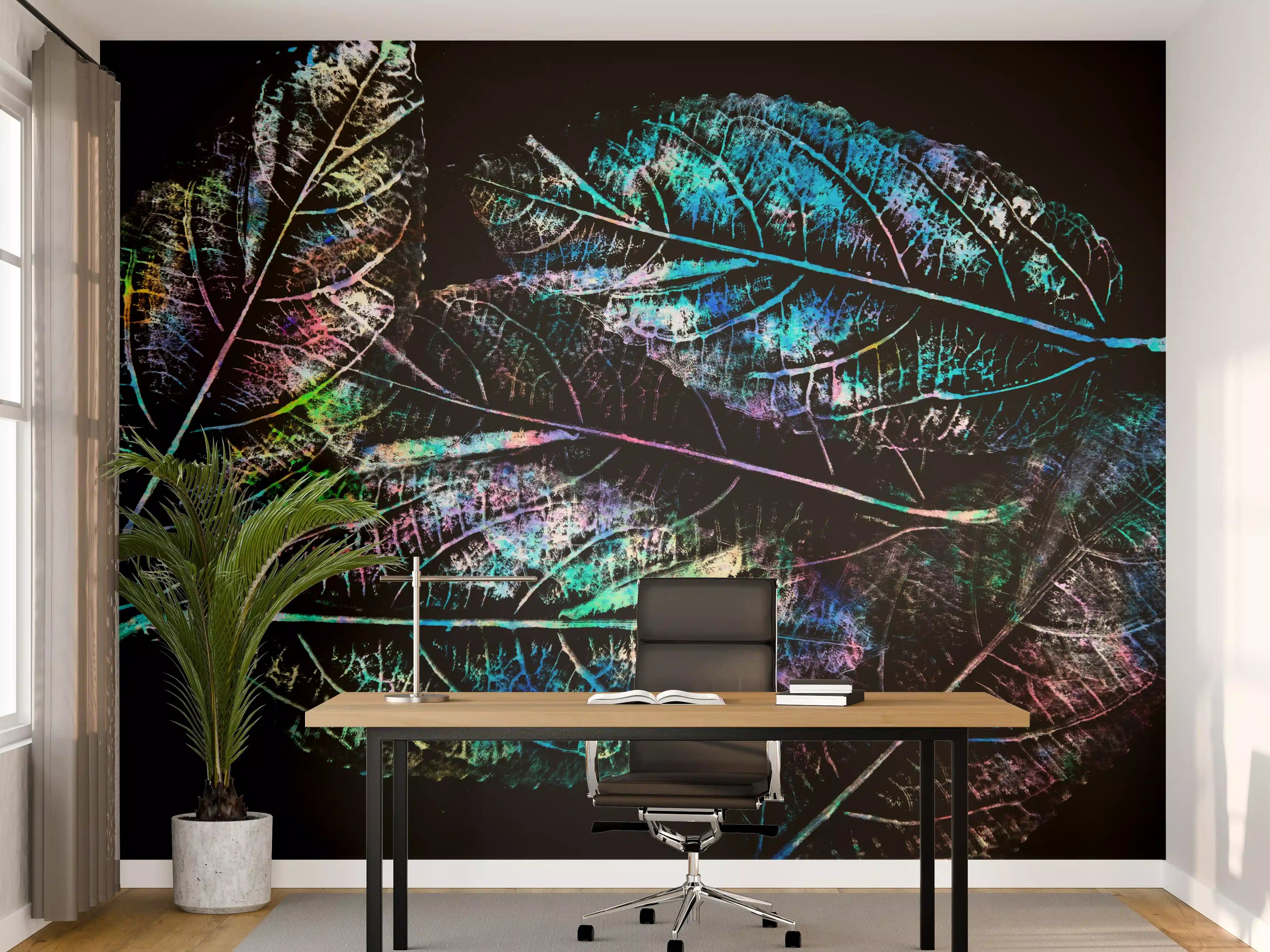 Büro Wandgestaltung - Bunte Blattstruktur auf Schwarz