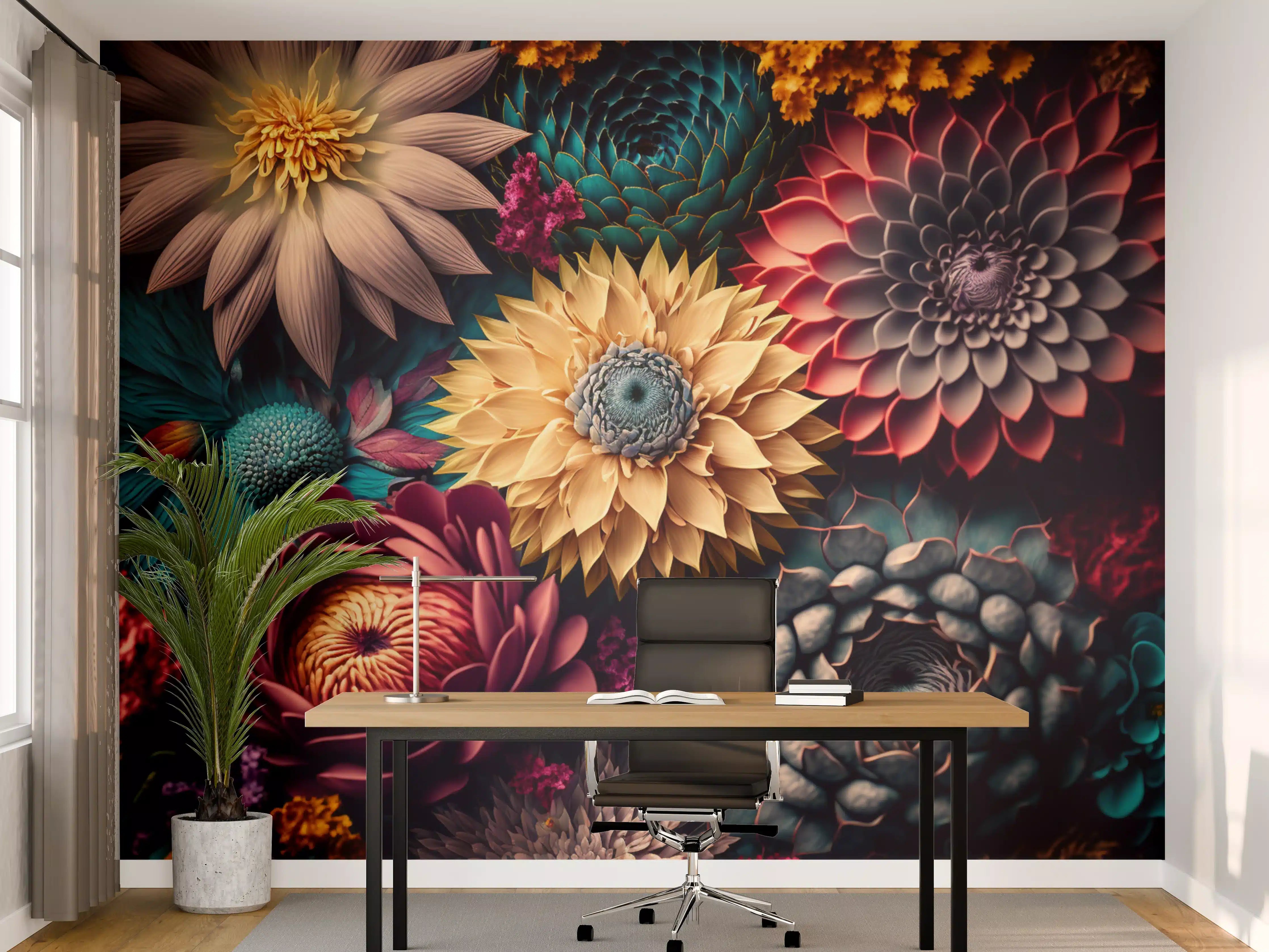 Büro Wandgestaltung - Bunte Blütenvielfalt in dunklem Hintergrund