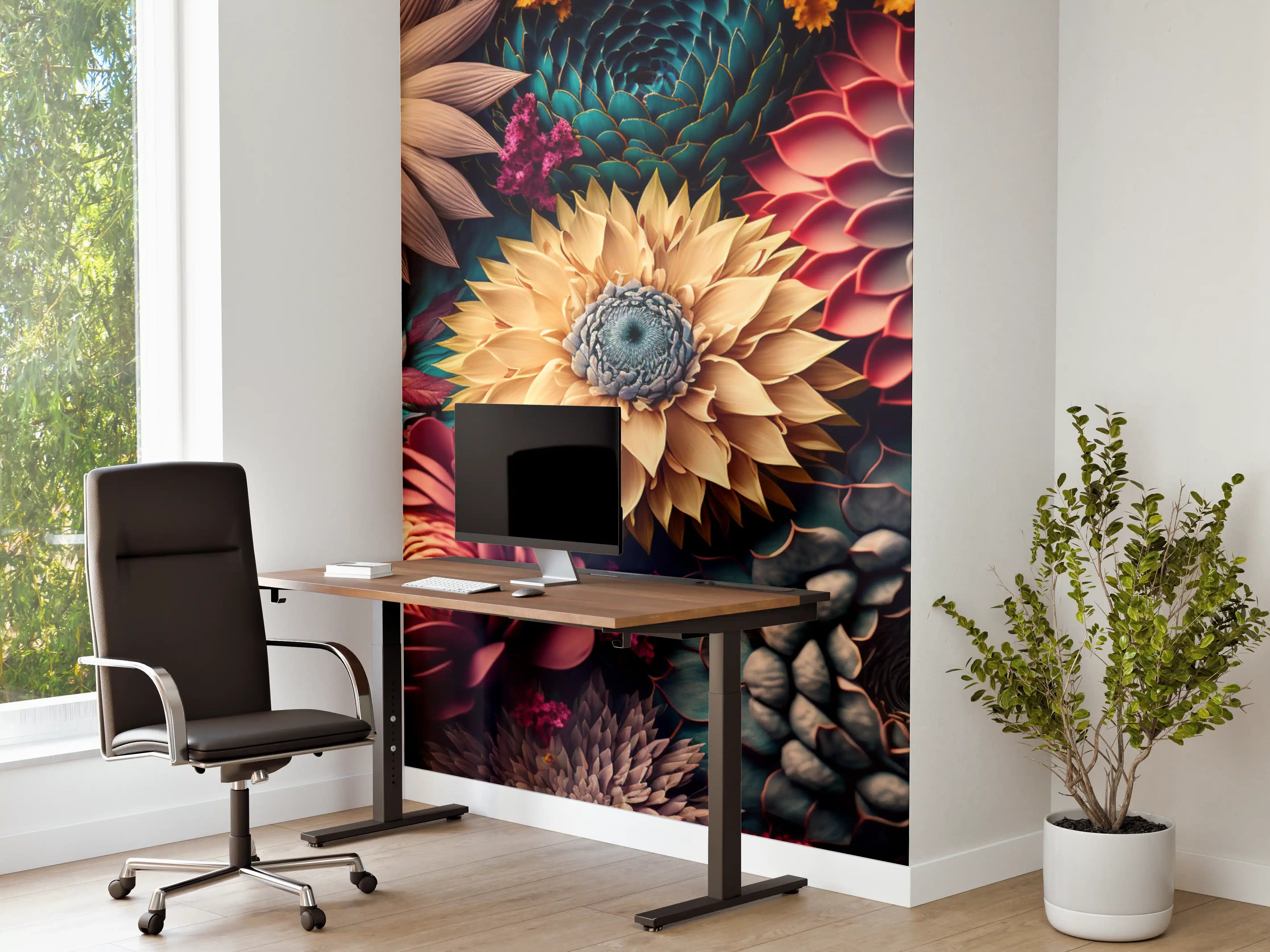 Büro Wandgestaltung - Bunte Blütenvielfalt in dunklem Hintergrund
